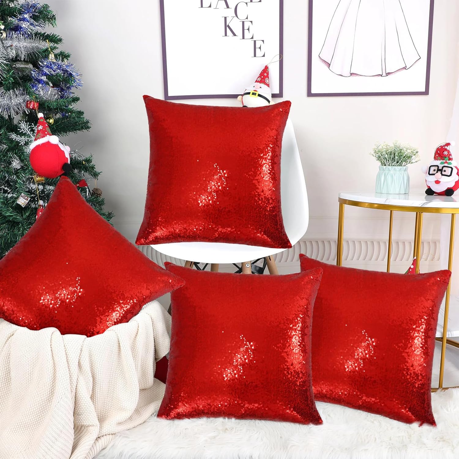 SquarePie Juego de 4 fundas de almohada de lentejuelas, 18 x 18 pulgadas, fundas de almohada decorativas rojas, fundas de cojín cuadradas brillantes