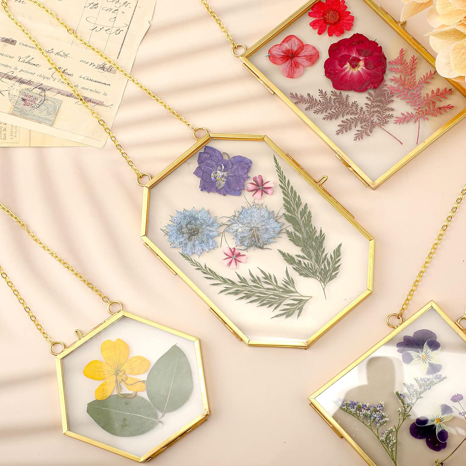 Marco de vidrio para bricolaje, arte de flores prensadas, marco de fotos colgante de latón con cadena y 6 estilos de flores prensadas, collage de