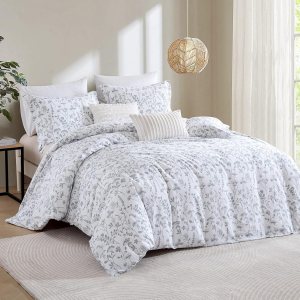 Juego de funda de edredón botánica tamaño King, funda de edredón floral blanco y gris, funda de edredón transpirable con patrón minimalista con Juego de funda de edredón botánica tamaño King, funda de edredón floral blanco y gris, funda de edredón transpirable con patrón minimalista con