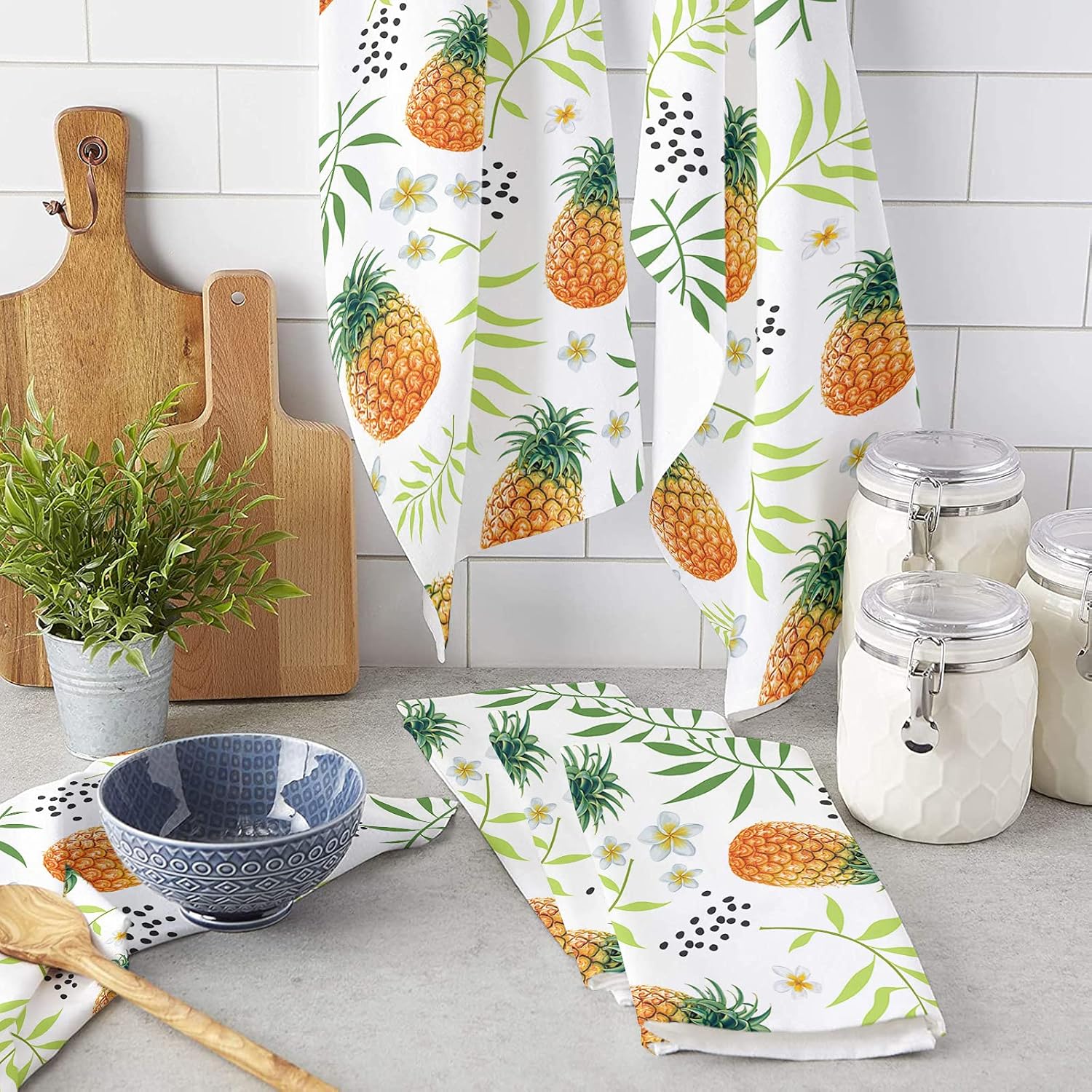 Paquete de 2 toallas de cocina y paños de cocina, plantas y piña plumeria de 18 x 28 pulgadas, toallas de mano absorbentes de secado rápido para