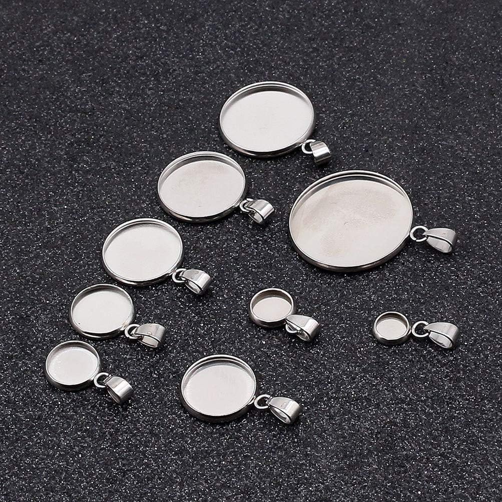 Juego de 20 bandejas colgantes de acero inoxidable, cabujones redondos, biseles, base en blanco, para fotos, collares, pulseras, joyería (plata,