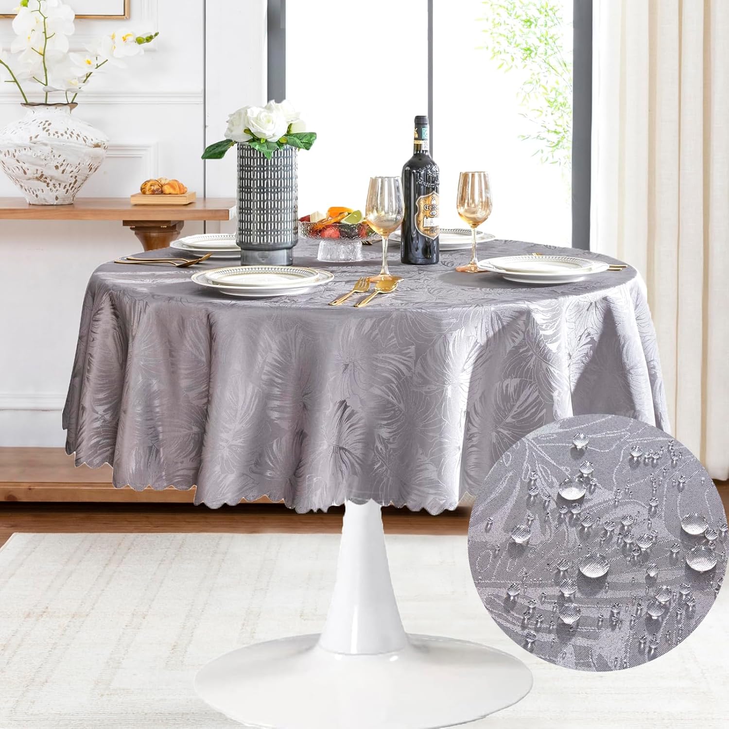 Mantel redondo de jacquard de 70 pulgadas, color gris, diseño de hojas, borde festoneado, suave, sedoso, impermeable, resistente a las arrugas,