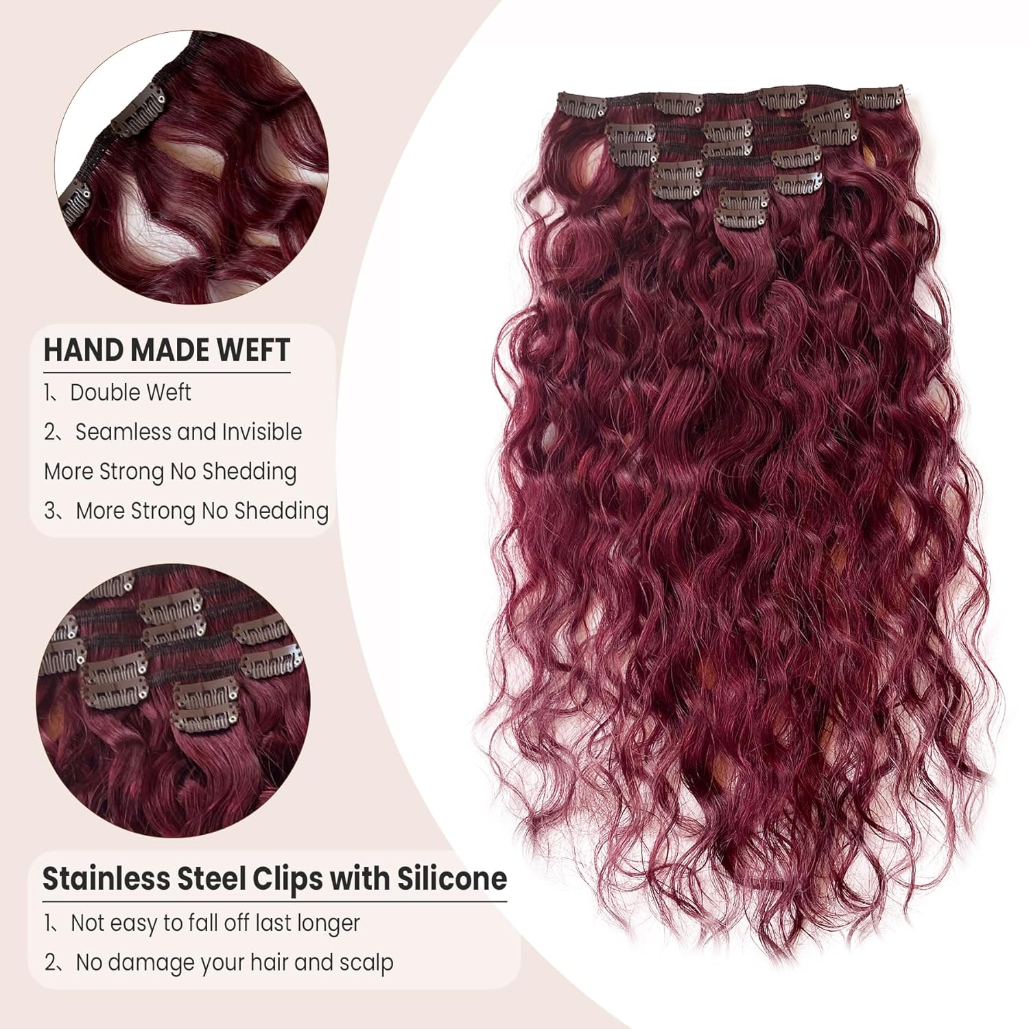 Extensiones de cabello humano con clip, color burdeos, extensiones de cabello humano largo ondulado con clip, 2.47 onzas, 7 unidades, extensiones de