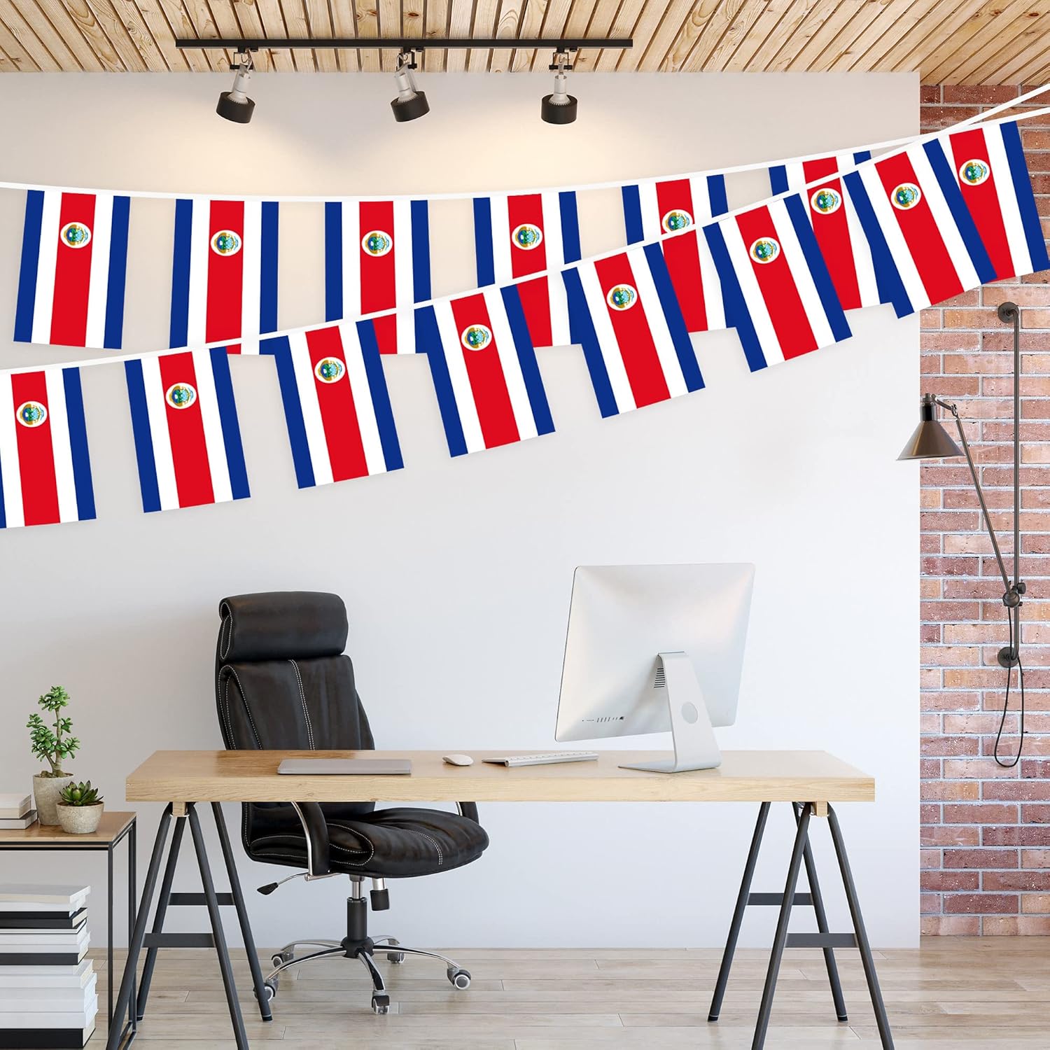 G128 Bandera costarricense de Costa Rica  Bandera de 8.2 x 5.5 pulgadas, cuerda completa de 33 pies  Poliéster 150D impreso, decoraciones para bar,