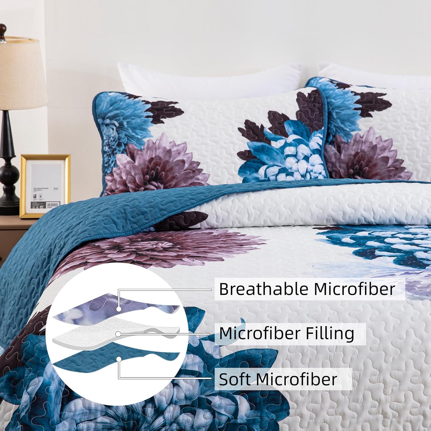 Dintszyayue Juego de edredón floral tamaño King, juego de edredón de 3 piezas con flores azules con 2 fundas de almohada, colcha de microfibra