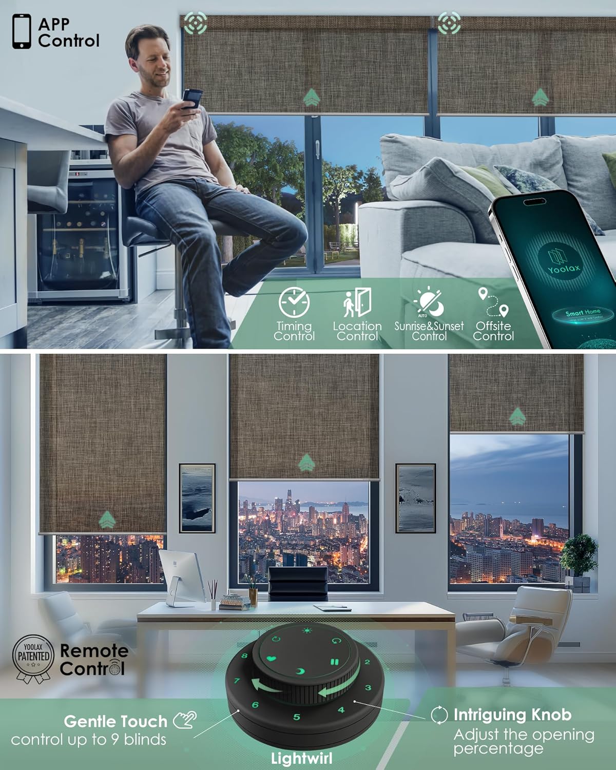 Yoolax Persiana solar motorizada con control Romote para filtrar la luz, persianas enrollables con visión transparente (60 % opaco, avena latte)