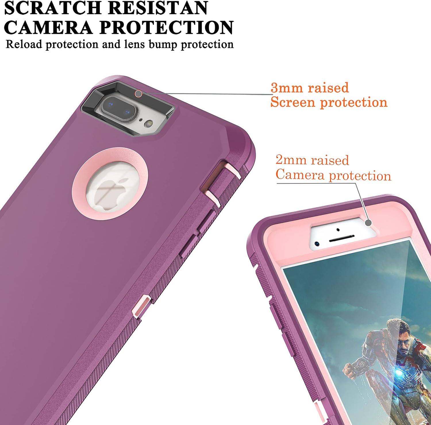 YmhxcY Funda para iPhone 8 Plus, iPhone 7 Plus con protector de pantalla integrado a prueba de caídas, 3 capas, funda duradera, a prueba de golpes,