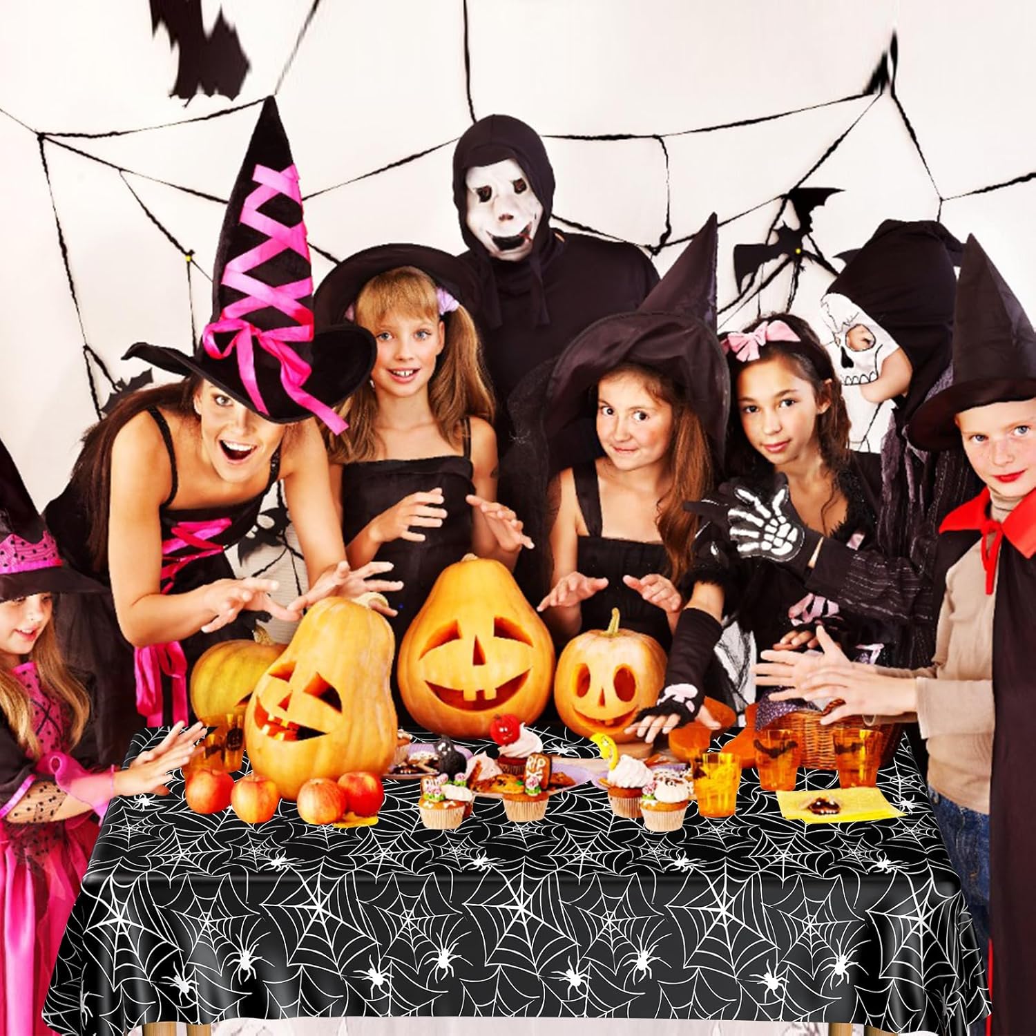 PLULON Paquete de 3 manteles de Halloween de 54 x 108 pulgadas, mantel de plástico de tela de araña para decoración de mesa de cena de vacaciones,