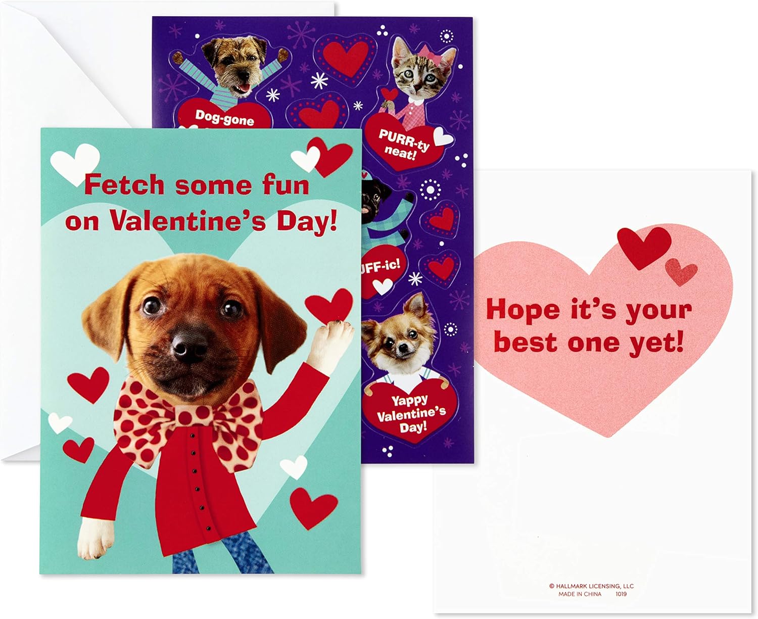 Hallmark Surtido de tarjetas y calcomanías para el día de San Valentín para niños, cachorros y gatitos (12 tarjetas con sobres)
