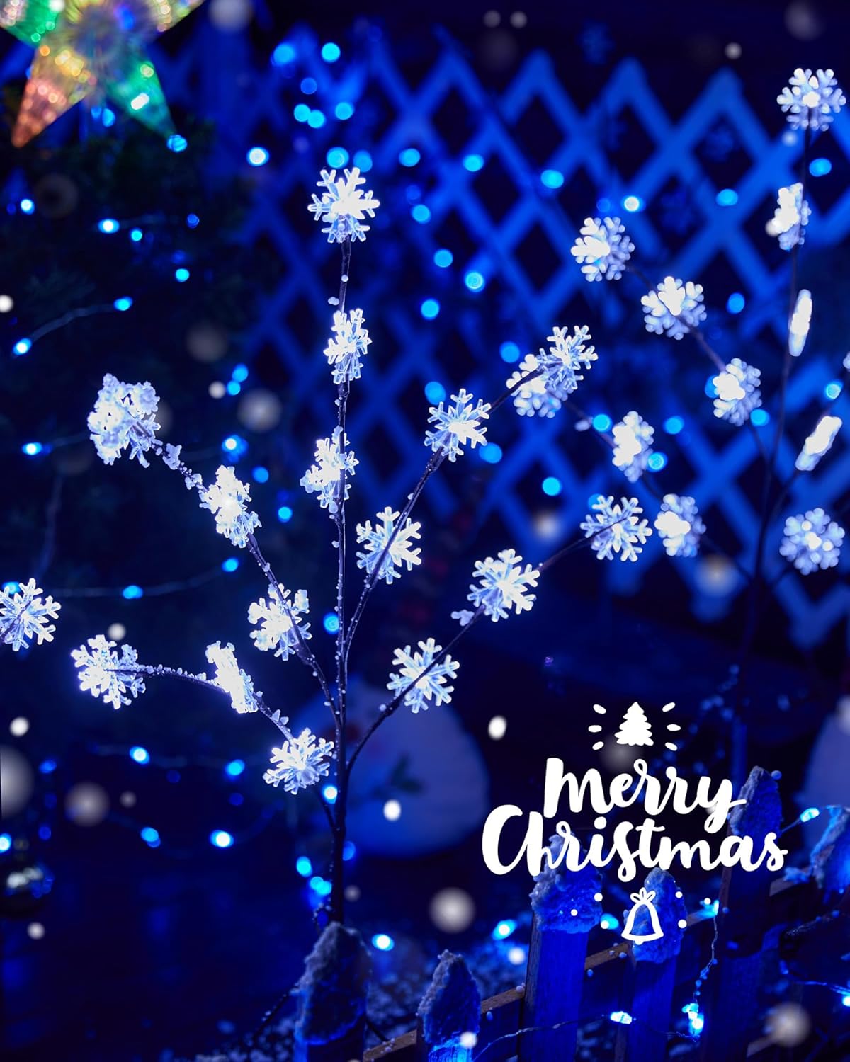 Luces de copo de nieve para caminos al aire libre, 4 paquetes de ramas iluminadas, decoración de patio de Navidad, árbol de Navidad pequeño con