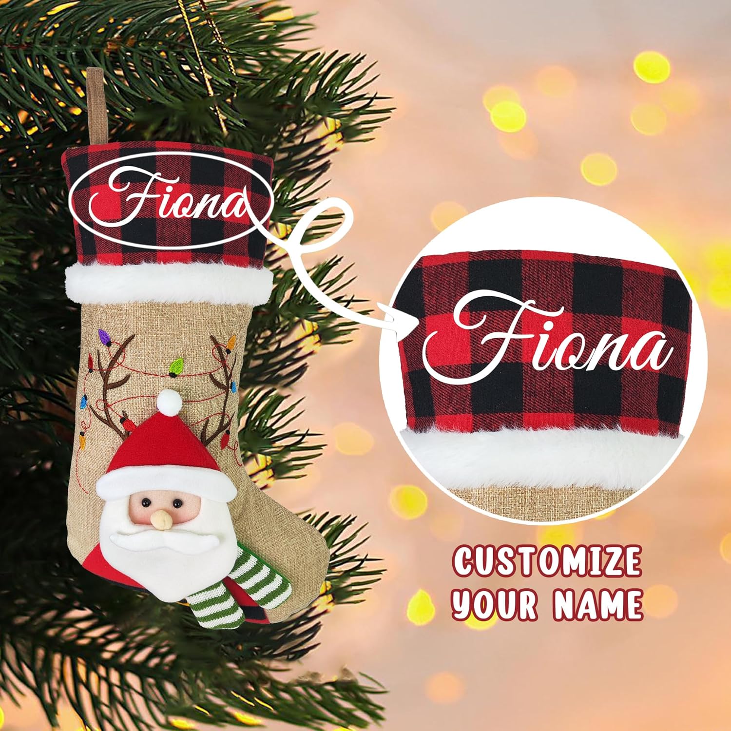 Medias de Navidad familiares personalizadas, medias de Navidad personalizadas con nombre, arpillera a cuadros de Navidad 3D muñeco de