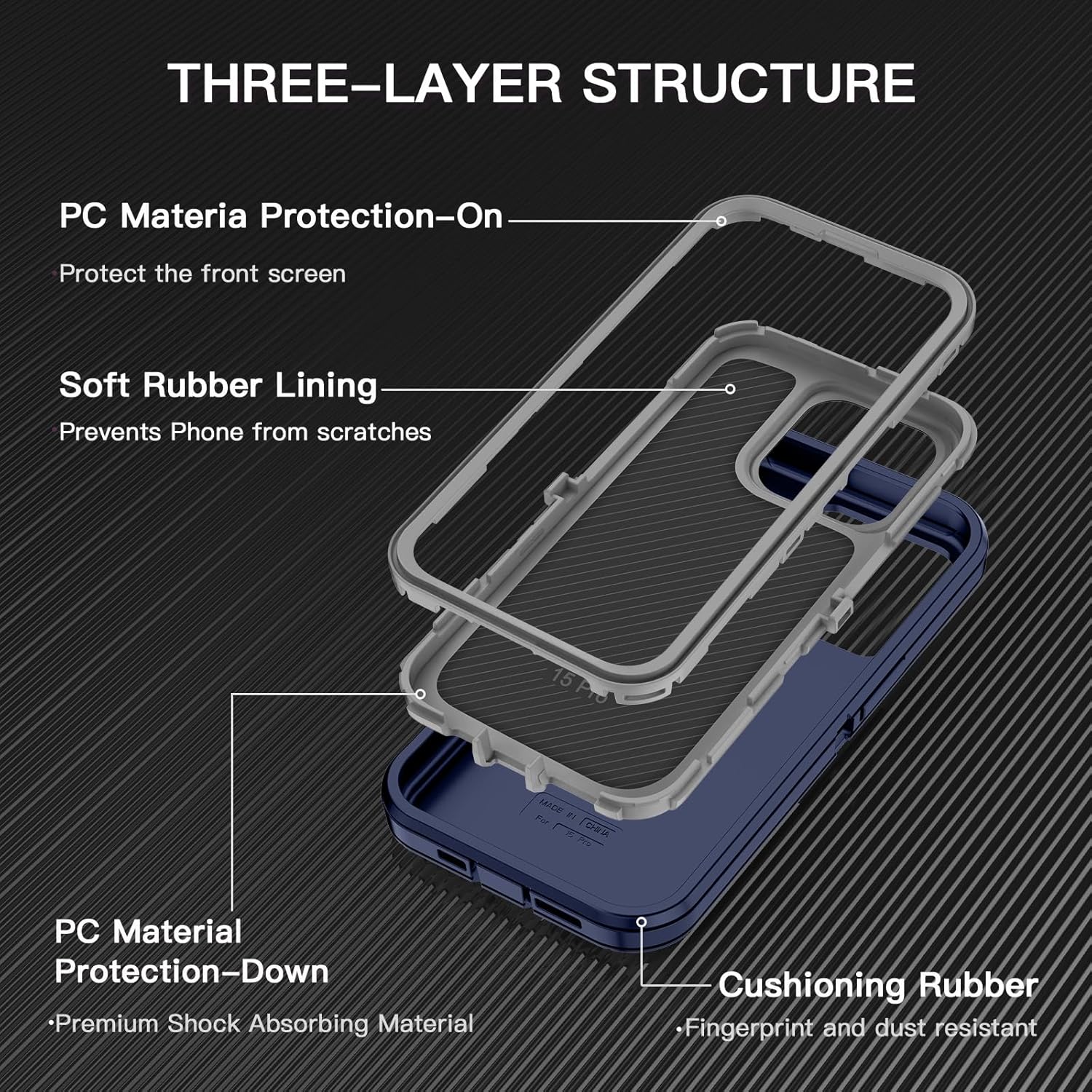 I-HONVA Funda para iPhone 15 Pro a prueba de golpes, a prueba de polvo y caídas, 3 capas de protección de cuerpo completo sin protector de pantalla