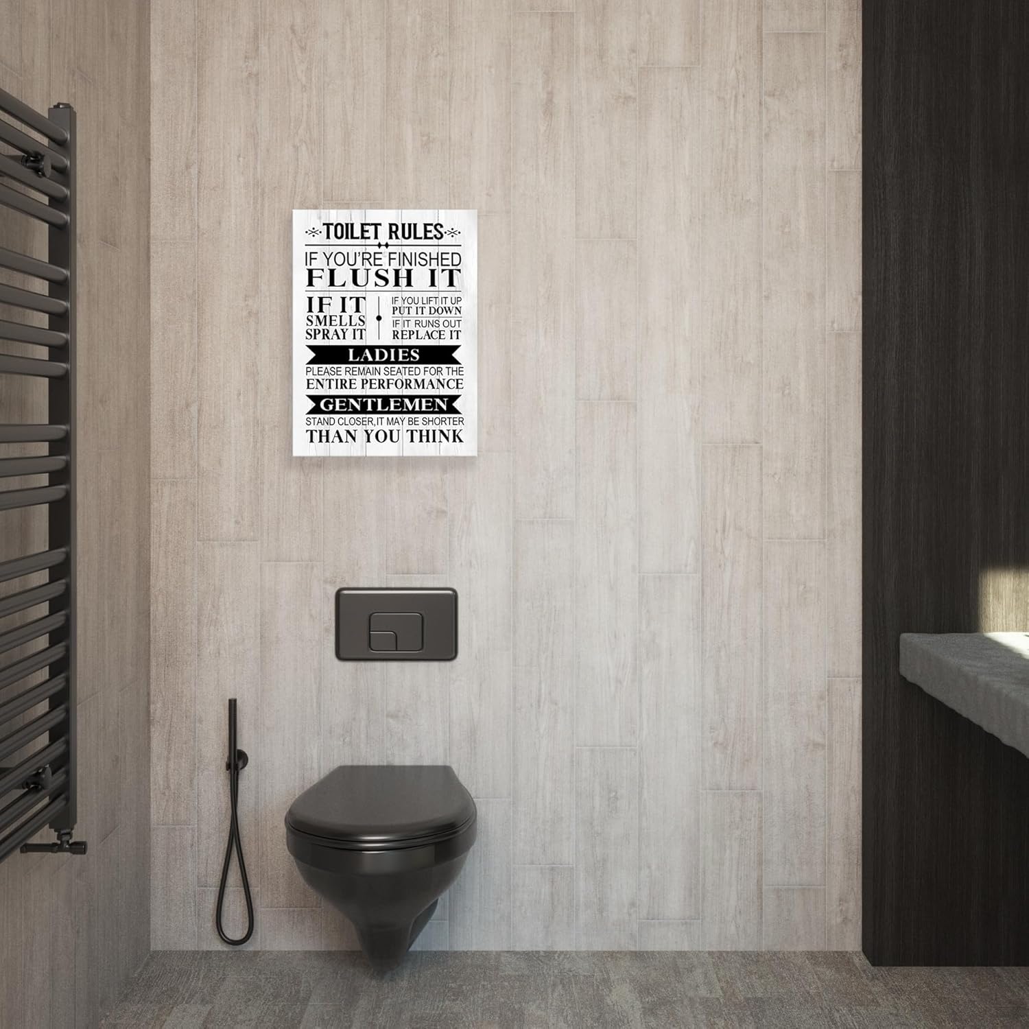 NIKICEE Impresiones artísticas en lienzo con citas de reglas de inodoro, letreros divertidos para decoración de baño, divertido arte de pared de