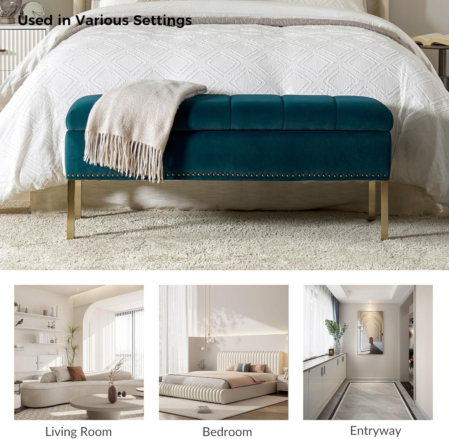 HULALA HOME Banco otomano moderno de terciopelo con tapa abatible con borde de clavos, banco tapizado para dormitorio para el extremo de la cama,