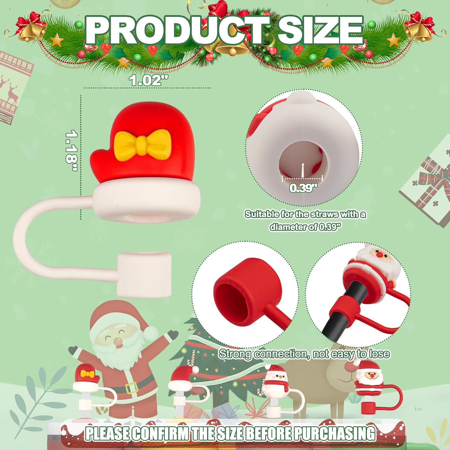 YUNAI 4 fundas de popote Stanley de Navidad, 0.39 pulgadas de silicona, bonitas tapas compatibles con vaso Stanley de 40 onzas, adornos de paja para