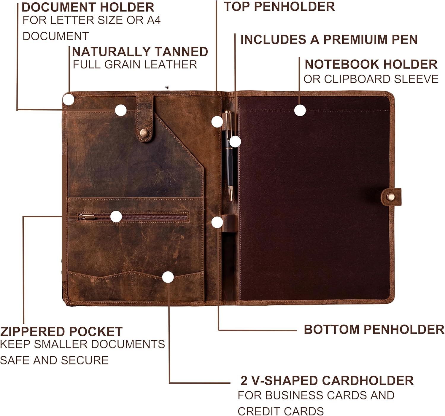 Cartera de cuero, carpeta de cuero con bolígrafo, cartera de cuero para hombres y mujeres, padfolio de cuero, carpeta de cuero, carpeta de cartera,