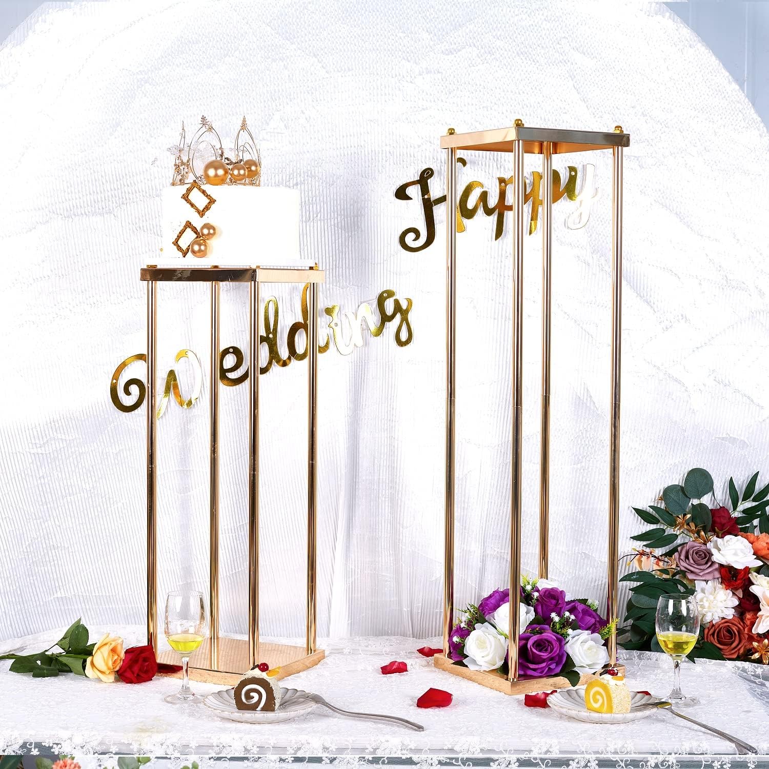 10 jarrones rectangulares, centros de mesa de boda para mesas, soporte geométrico de metal para flores, dorado, 23.6 pulgadas de alto, jarrón de