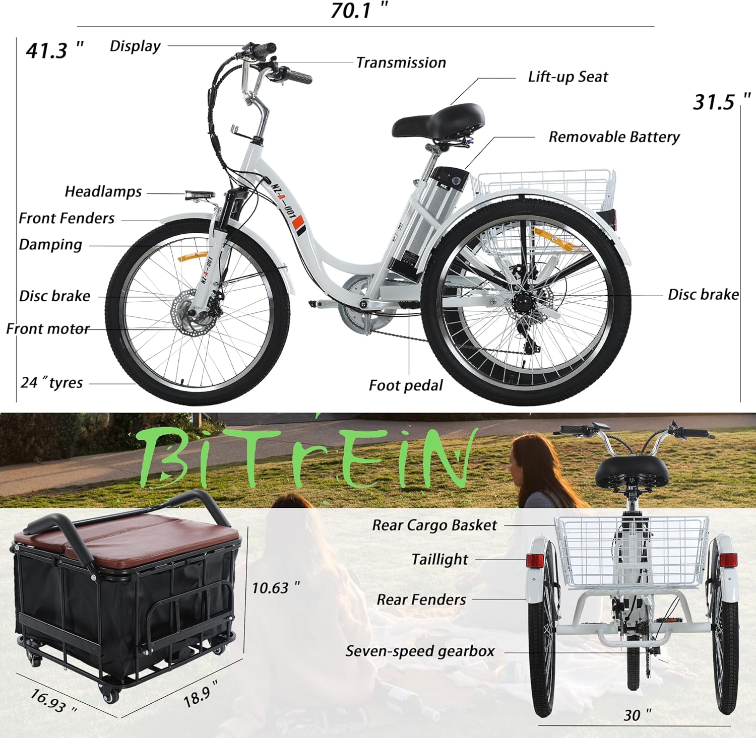 Bitrein Triciclo eléctrico de 24 pulgadas Bicicleta eléctrica 350W Motor sin escobillas delantero 48V 13AH batería de iones de litio extraíble