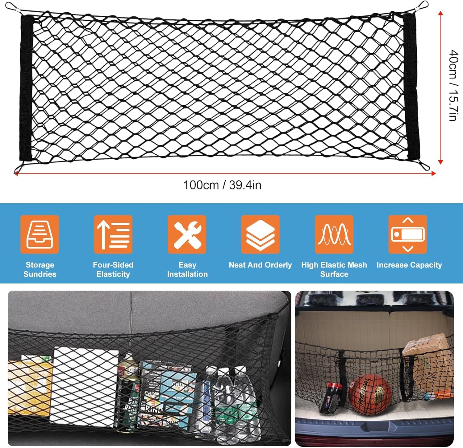 2 extensores de caja de camión, organizador de maletero de SUV, juego de red de carga universal de malla elástica para maletero de almacenamiento de
