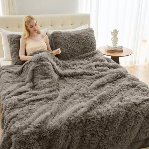 Juego de funda de edredón mullida y esponjosa de 2 piezas, tamaño individual, funda de edredón de piel sintética con cierre de cremallera y lazos en Juego de funda de edredón mullida y esponjosa de 2 piezas, tamaño individual, funda de edredón de piel sintética con cierre de cremallera y lazos en