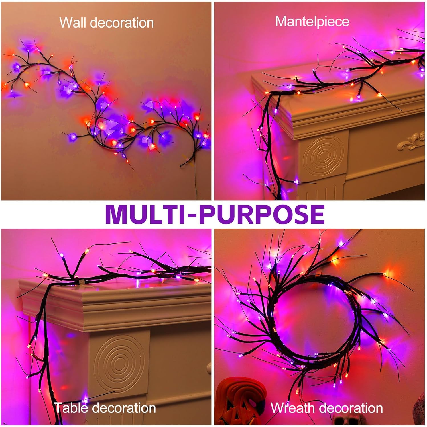 Paquete de 2 luces de vid de sauce encantado de Halloween con temporizador, total de 12 pies, 108 luces LED de sauce iluminadas, decoraciones de