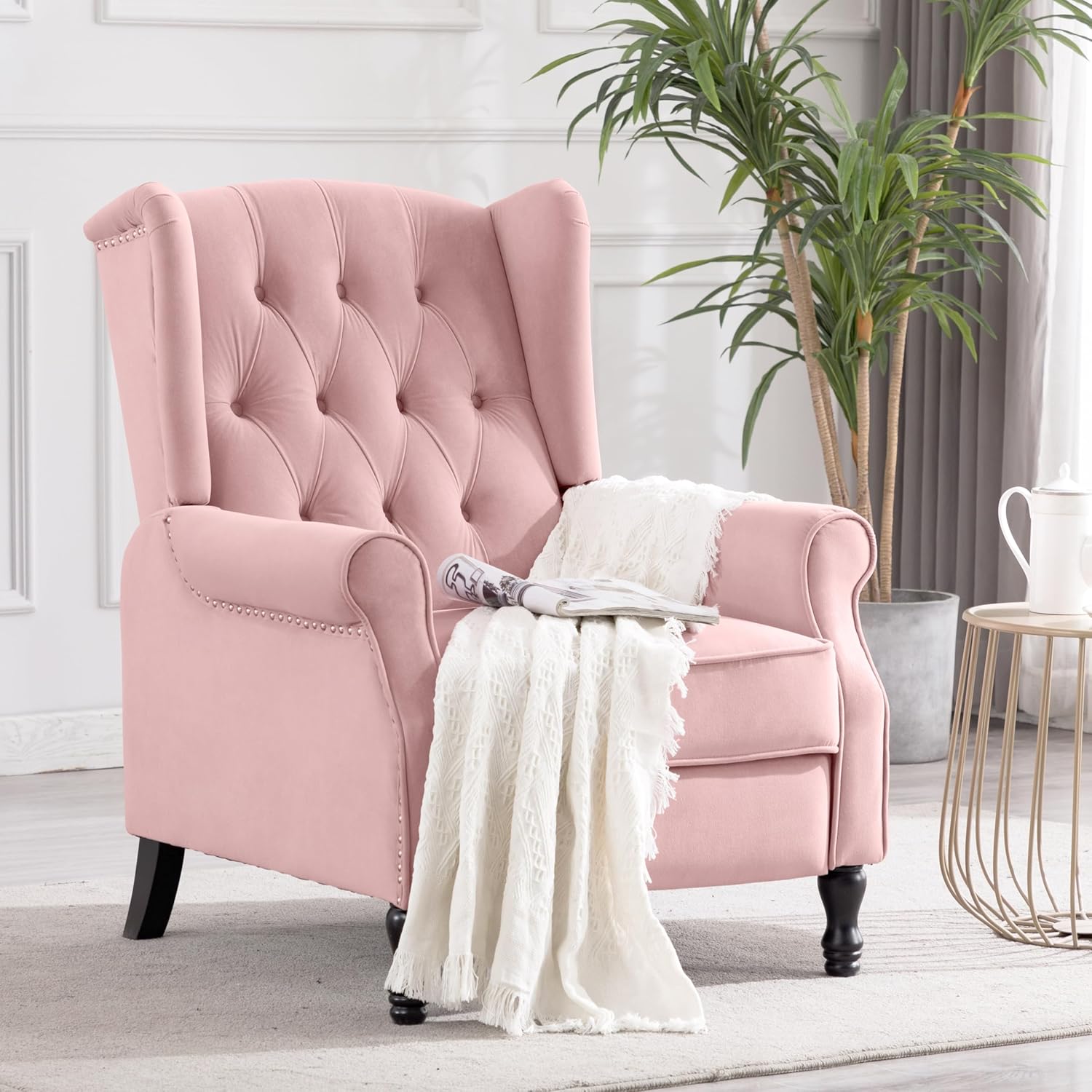 Artechworks Silla decorativa moderna de tela alada, silla de club con brazos copetudos, sofá individual de lino con patas de madera, cómoda tapizada