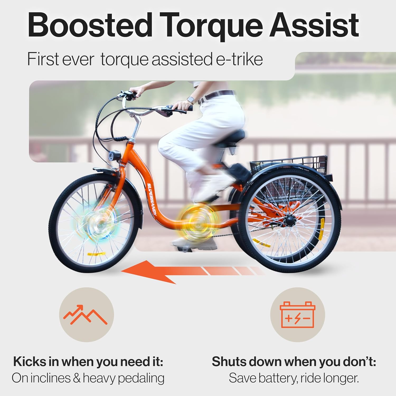 SuperHandy Bicicleta eléctrica de triciclo para adultos EcoRide 3 modos, asistencia de pedal de par adaptable, motor de 250 W, (2) baterías de