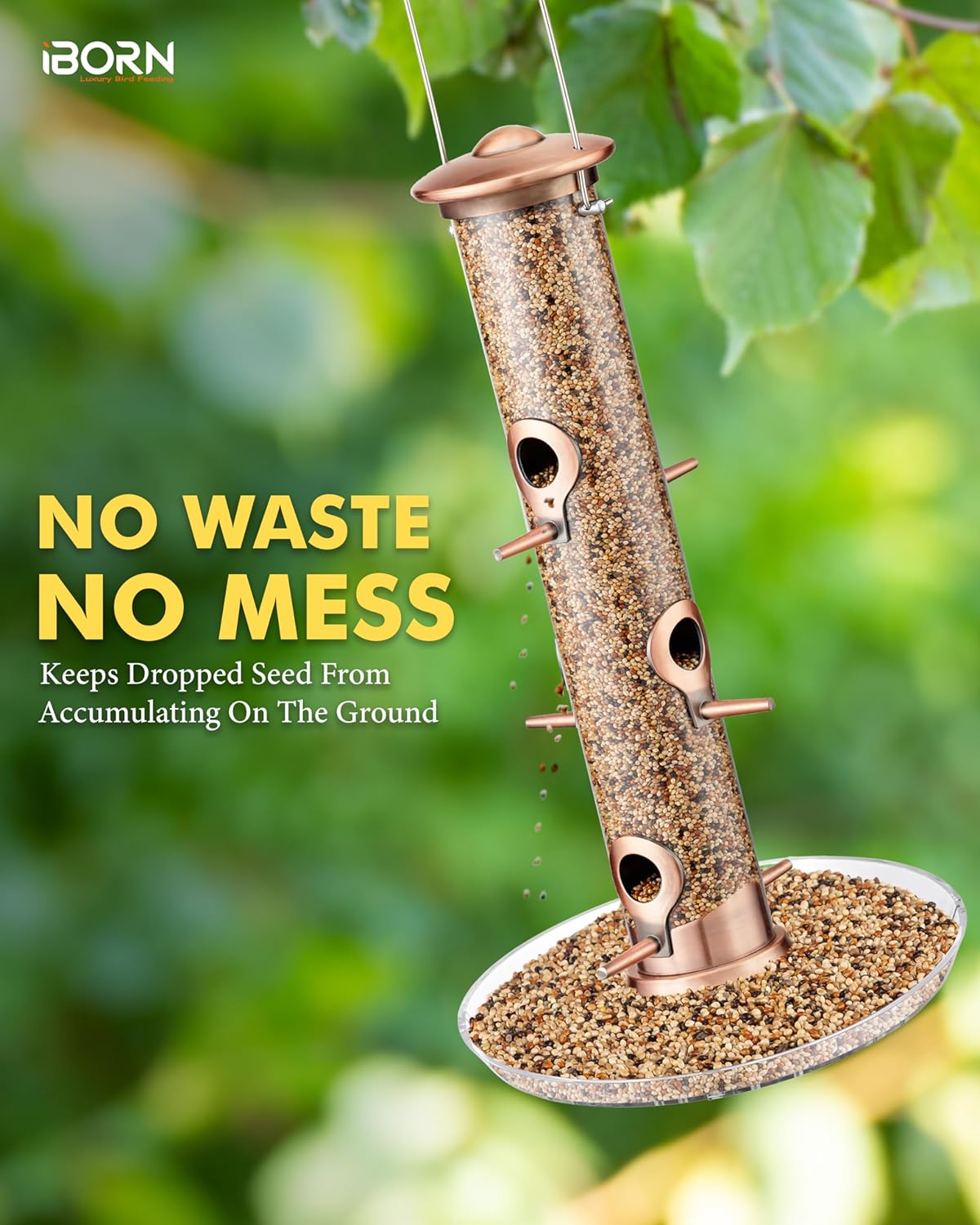 iBorn Comedero para pájaros atrapador de semillas para colgar en el exterior, comedero de pájaros de 6 puertos para pájaros cardenales de metal de