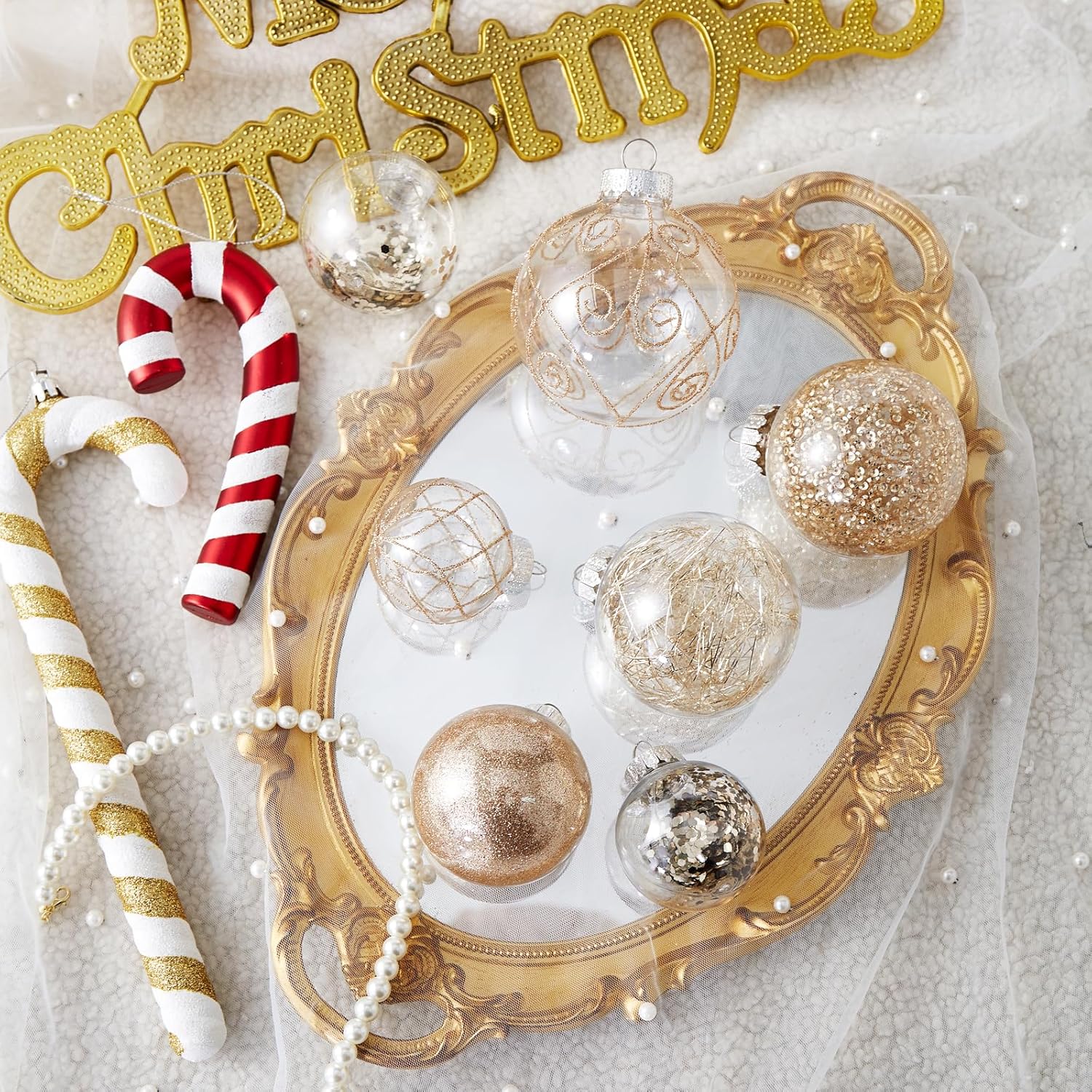 Wironlst Adornos de bola de Navidad inastillables de plástico transparente grande, juego de bolas decorativas con relleno delicadas decoraciones