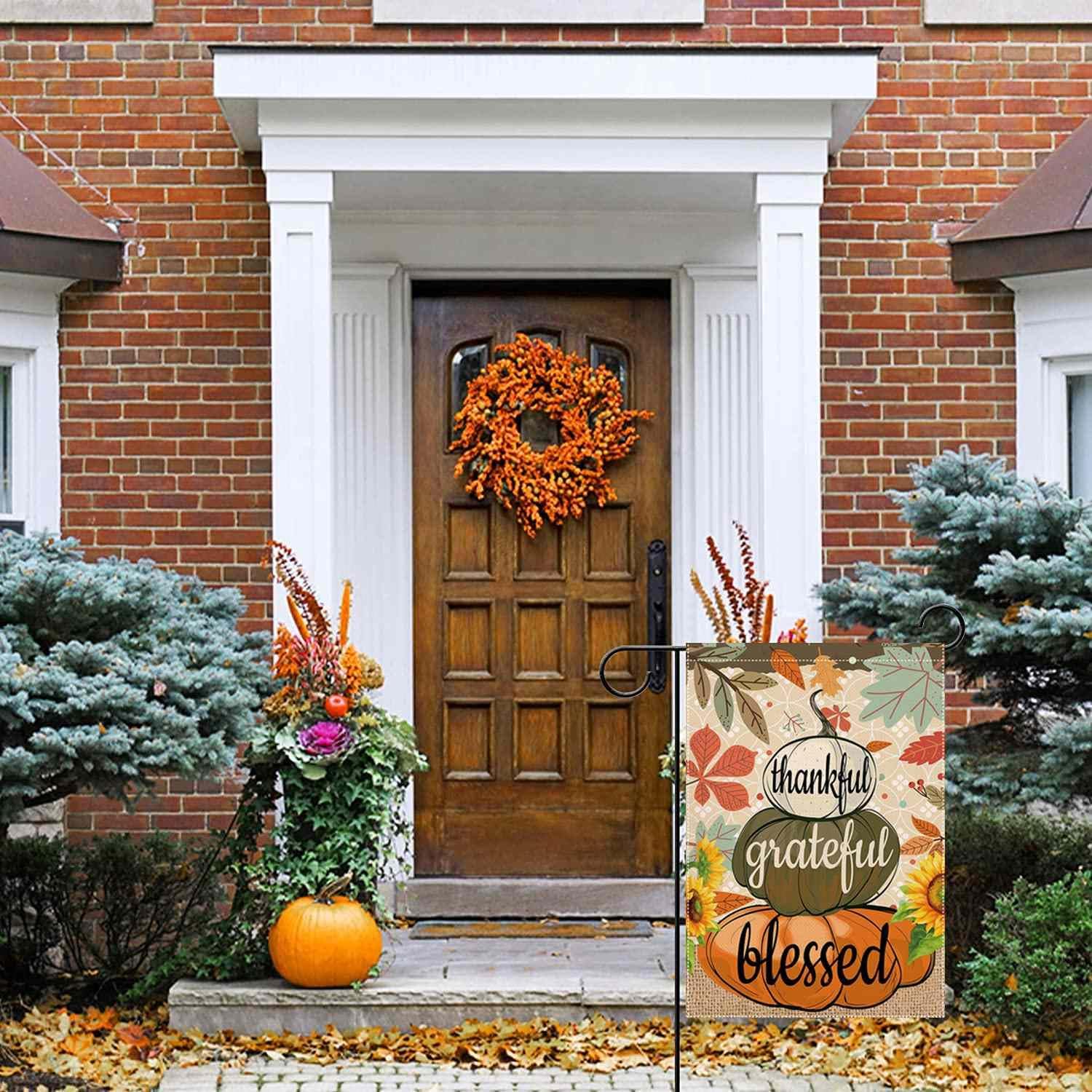 Bandera de jardín de bienvenida de otoño de 12.5 x 18 pulgadas, diseño de calabaza bendita agradecida, decoración de doble cara para decoración de
