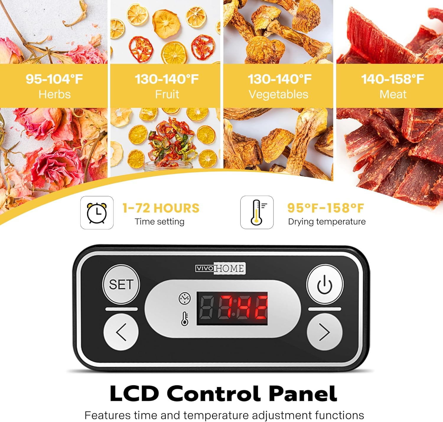 VIVOHOME Deshidratador de alimentos, máquina hidráulica de 8 bandejas con temporizador digital de 72 horas y control de temperatura para frutas,