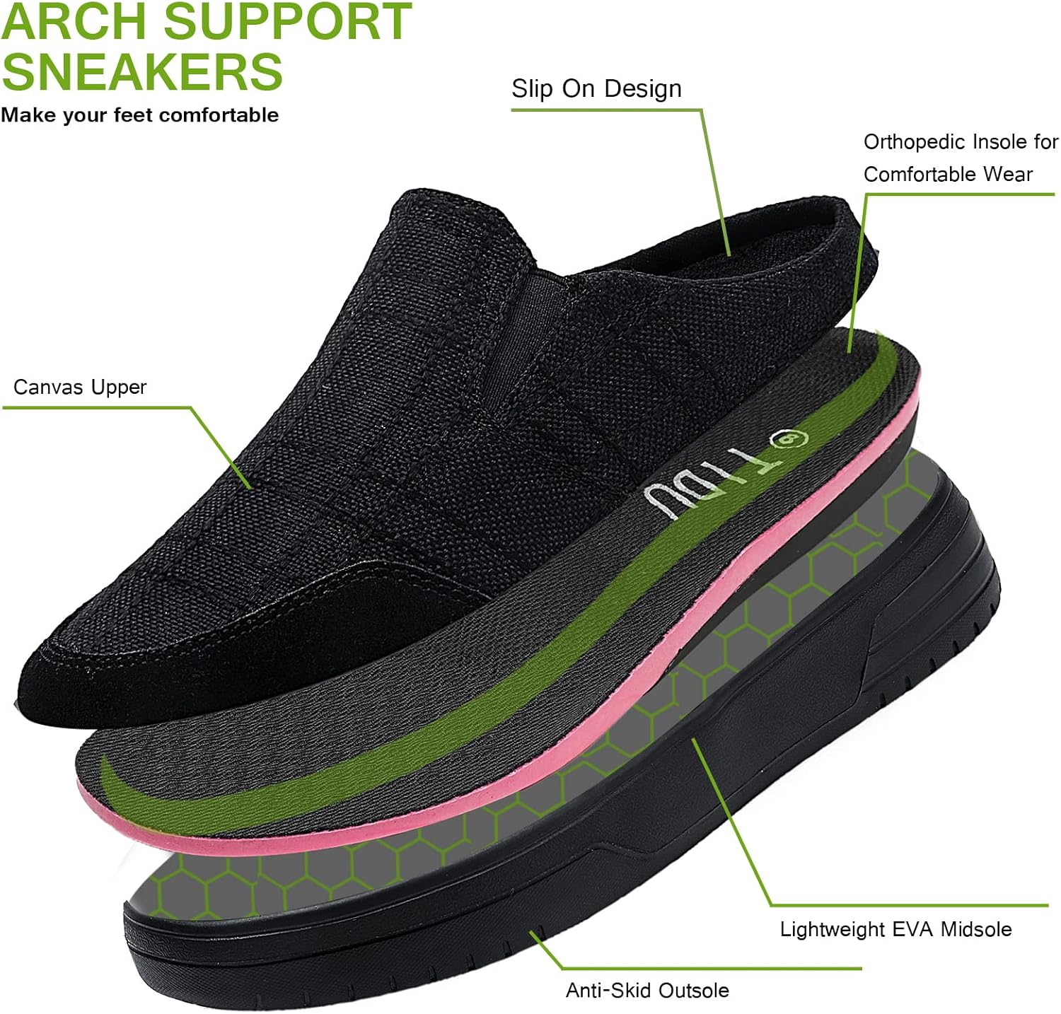 TIDU Zapatos ortopédicos para mujer, con soporte de arco, para fascitis plantar, diabéticos, informales, mocasines cómodos de lona para caminar