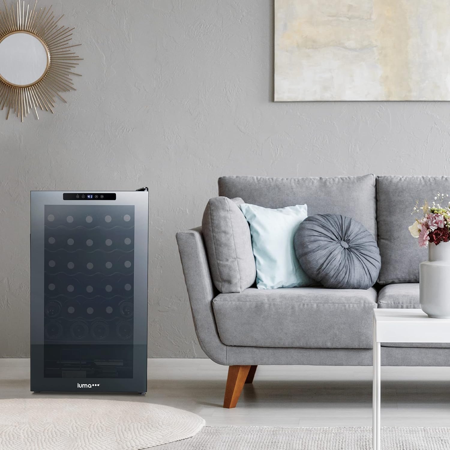 Luma Comfort Shadow Series – Refrigerador de vino de 34 botellas, refrigerador de vino con espejo independiente con puerta de vidrio templado de