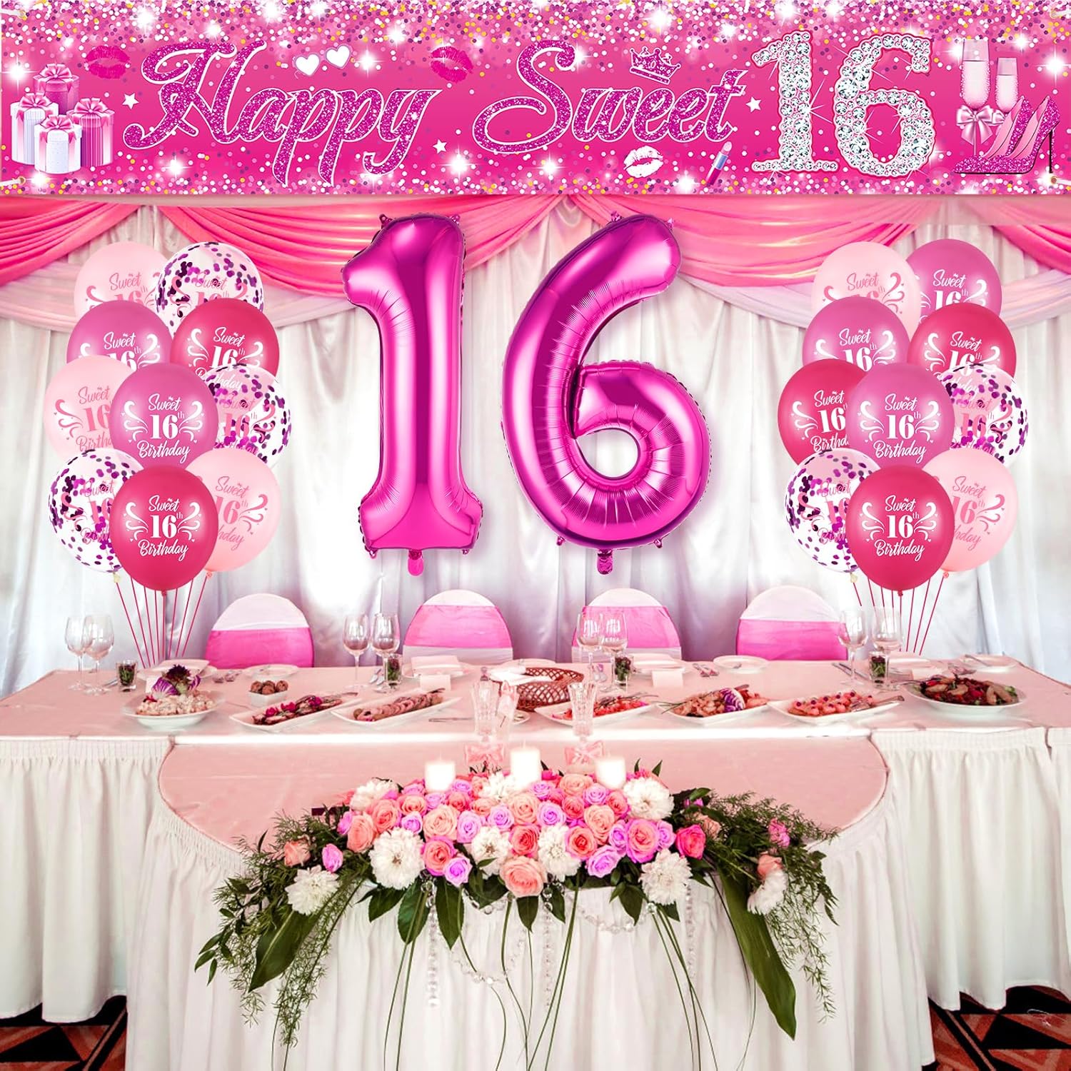 Decoraciones de cumpleaños con el número 16 para niñas, pancarta rosa con el número 16, 20 globos de cumpleaños de 16 pulgadas, globos de 40