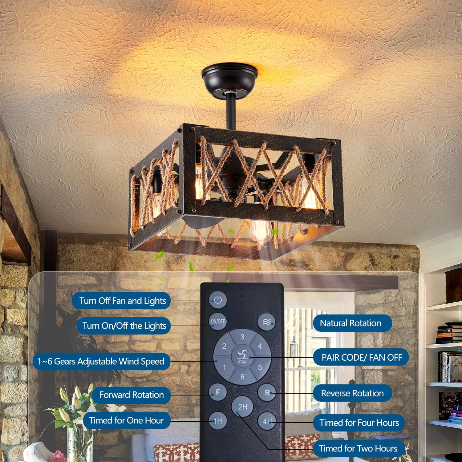 Ventilador de techo de cuerda de cáñamo con luz, ventilador de techo rústico de 4 luces con luces y control remoto, ventilador de techo para sala de