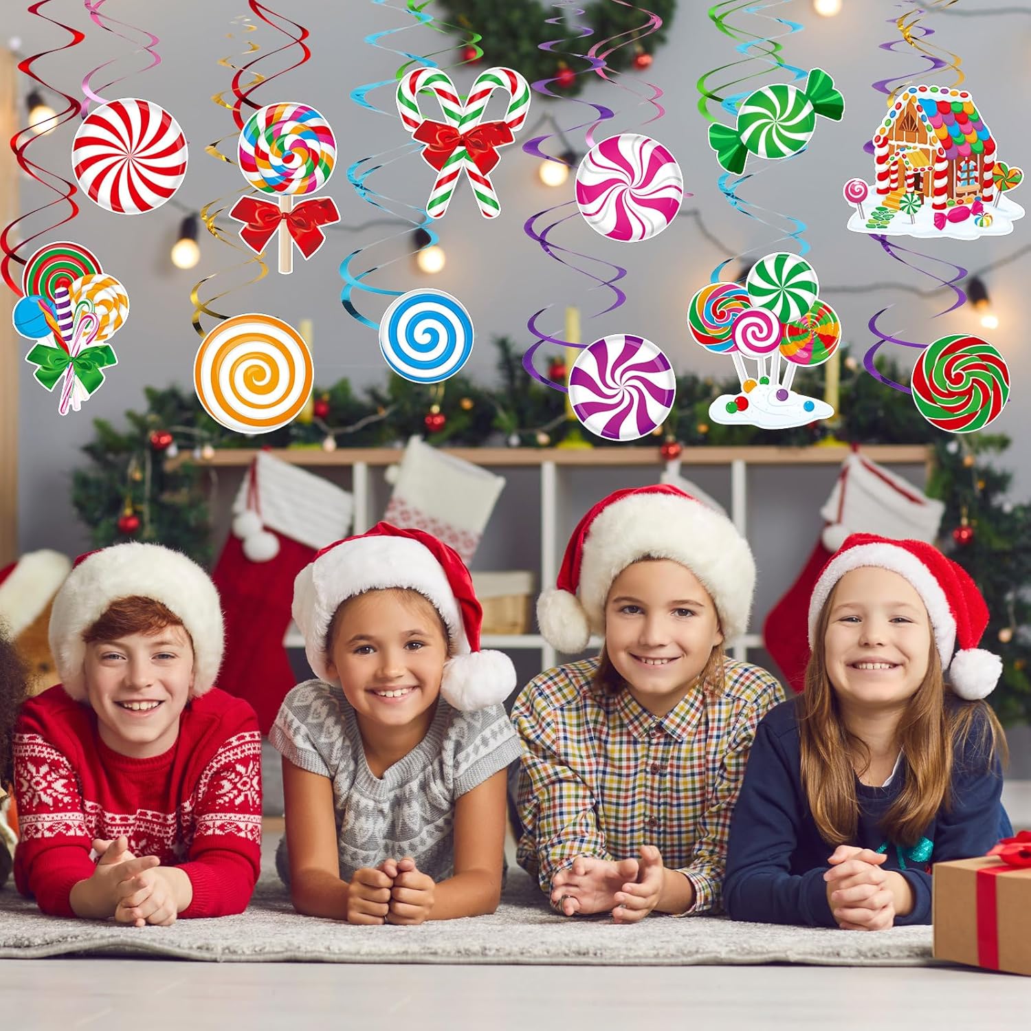 Namalu 54 piezas de remolinos colgantes de caramelo, decoración de bastón de caramelo de Navidad, remolino colgante de techo, adornos coloridos de
