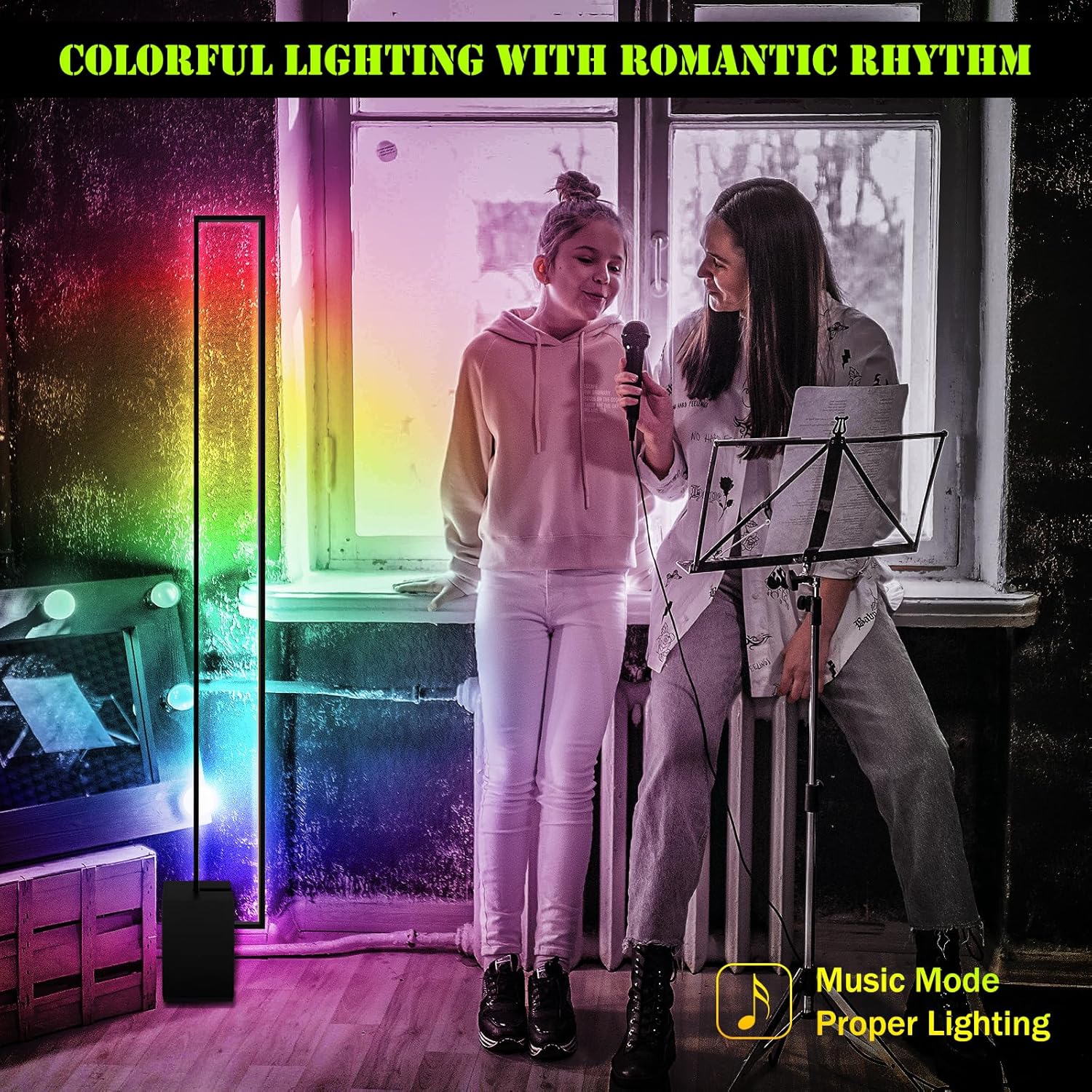 Lámpara de pie de 48 pulgadas, lámpara de pie de esquina RGB de 24 W, luces LED de pie regulables con control remoto y aplicación de colores,
