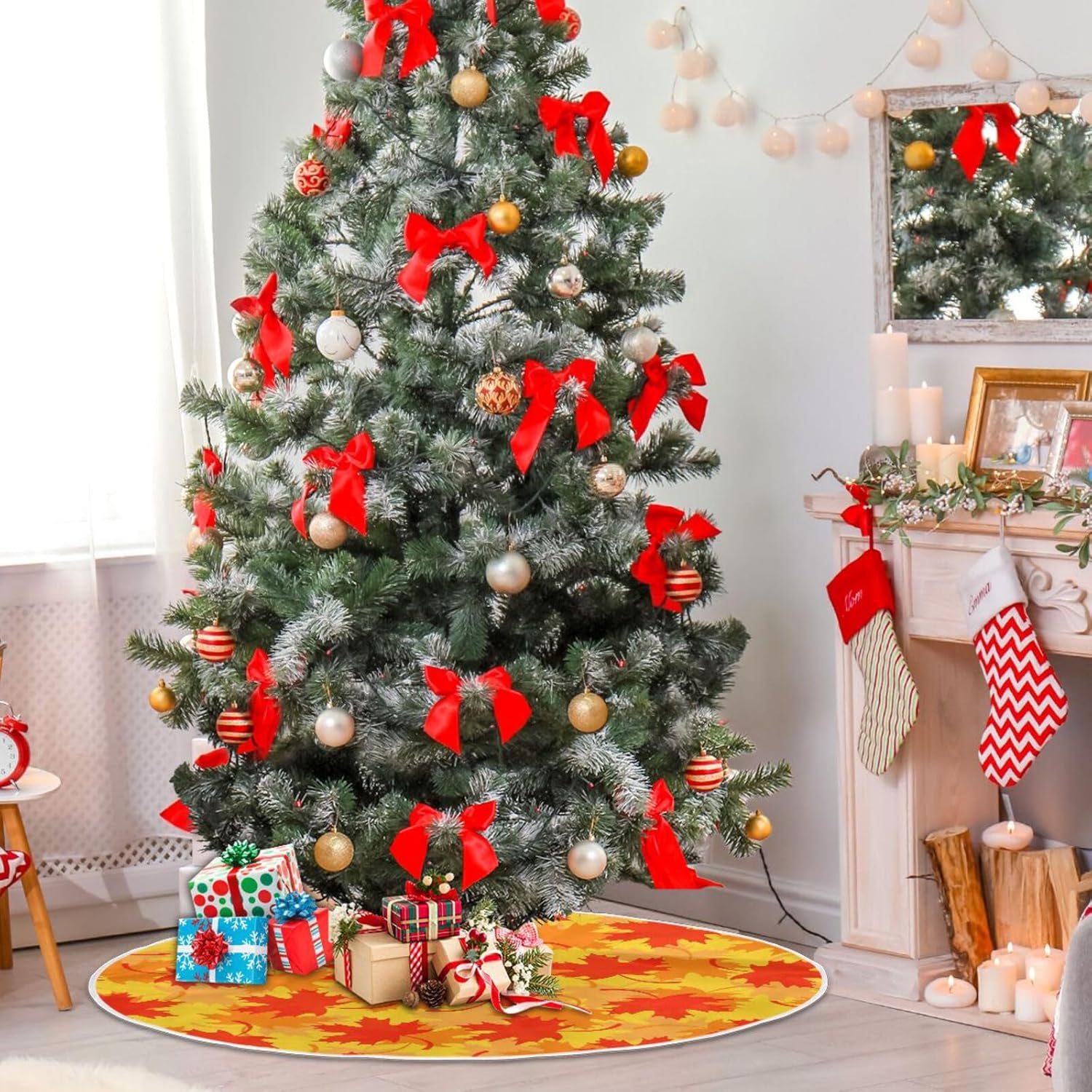 Falda de árbol de Navidad de hojas rojas y amarillas, falda suave para árbol de Navidad, falda de árbol de Navidad, faldas de Navidad para árboles