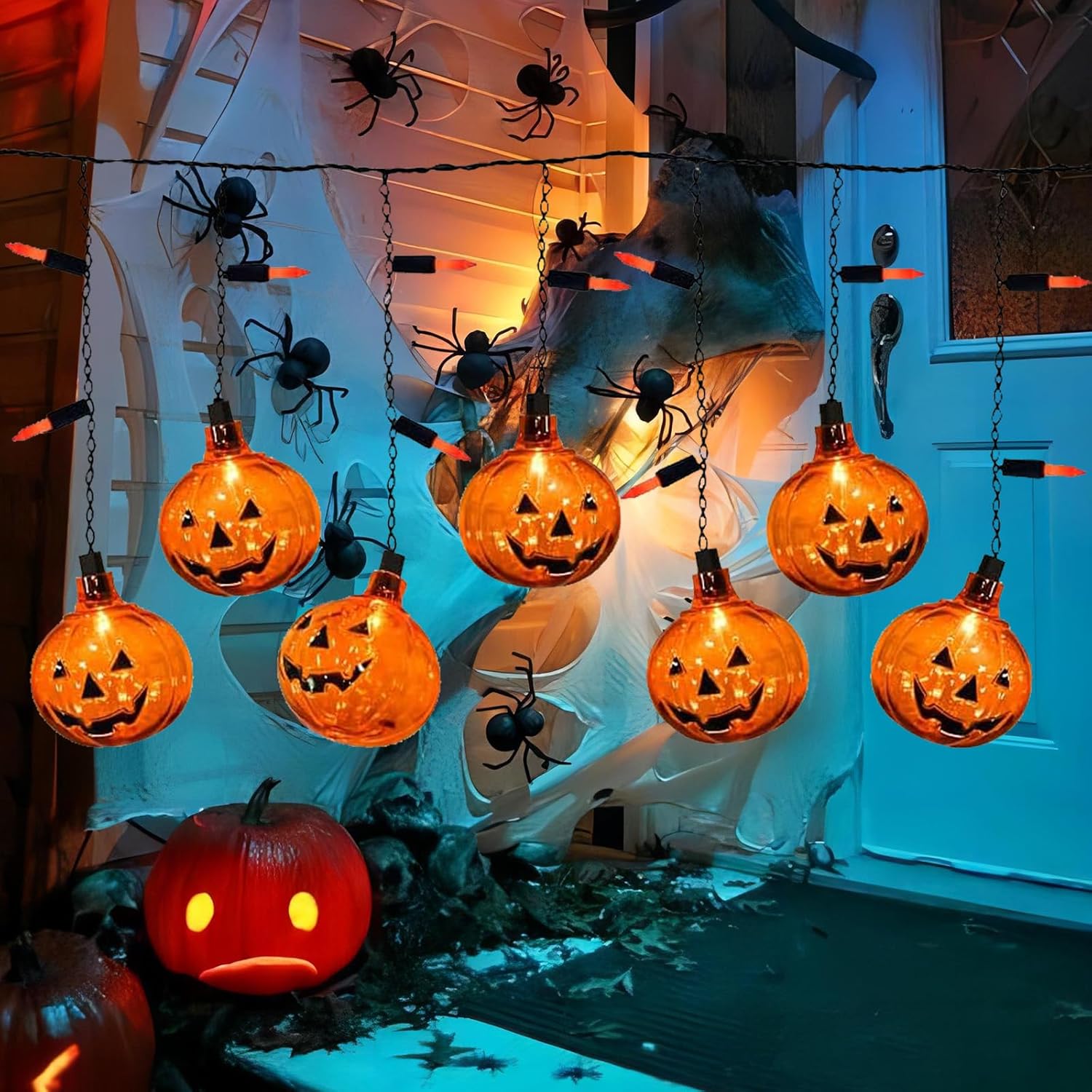 Konictom Cadena de luces de cortina de calabaza, tira de luces de calabaza de 7 pies enchufable con 10 mini calabazas y 25 mini bombillas,