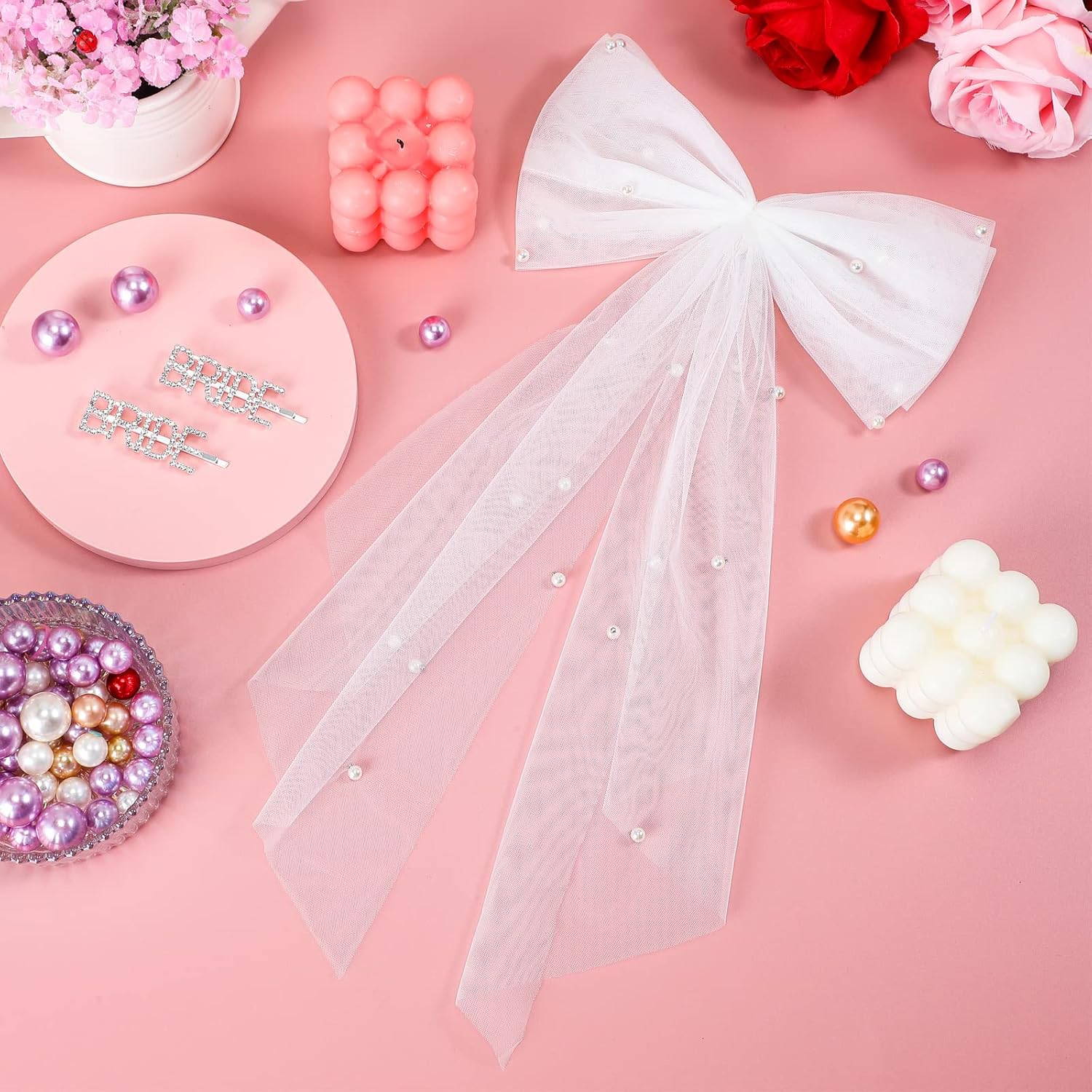 3 piezas de decoraciones de despedida de soltera, lazo blanco perla nupcial para el cabello, pinzas para el cabello plateadas, clips de letras para