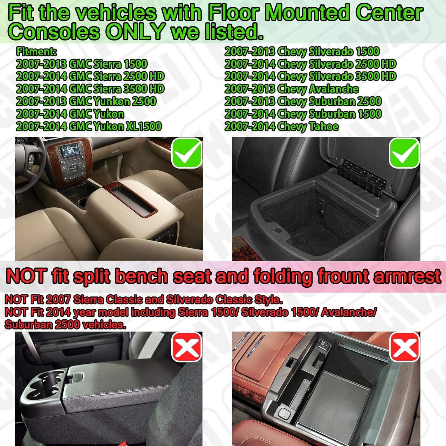 Organizador de consola central compatible con Chevy Silverado GMC Sierra Avalanche Tahoe Suburban Yukon Yukon XL 2007-2014, accesorios solo para