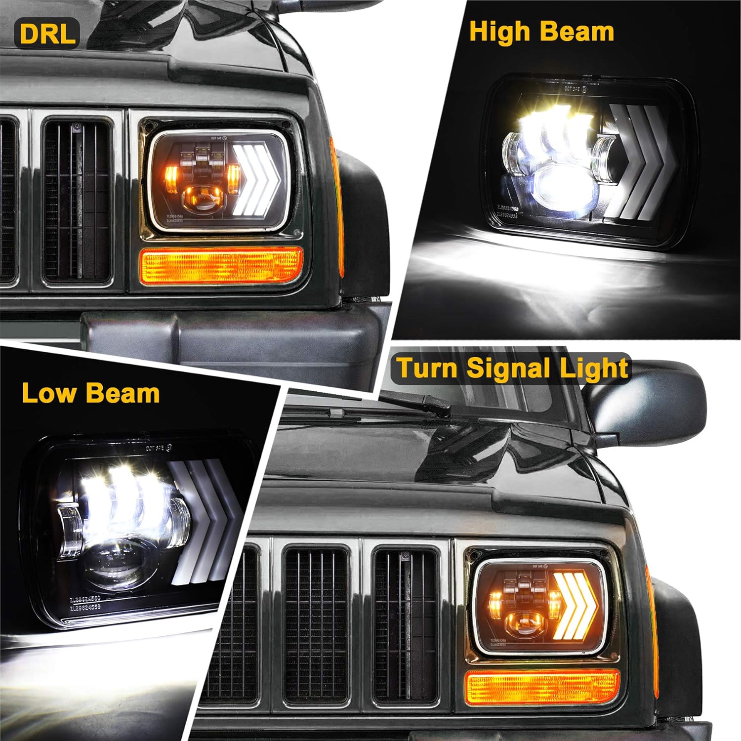 Faros delanteros LED 7×6 55W cuadrados 5×7 pulgadas con flecha blanca y ámbar DRL señal de giro secuencial dinámica para Wrangler YJ XJ Toyota GMC