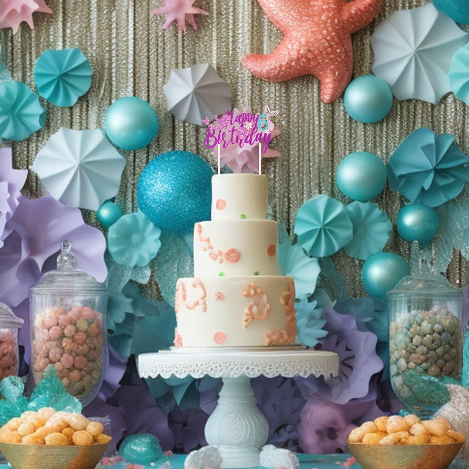 Decoración para pastel de cumpleaños con diseño de sirena de 6 cumpleaños, diseño de estrella de mar y conchas con purpurina, decoraciones para
