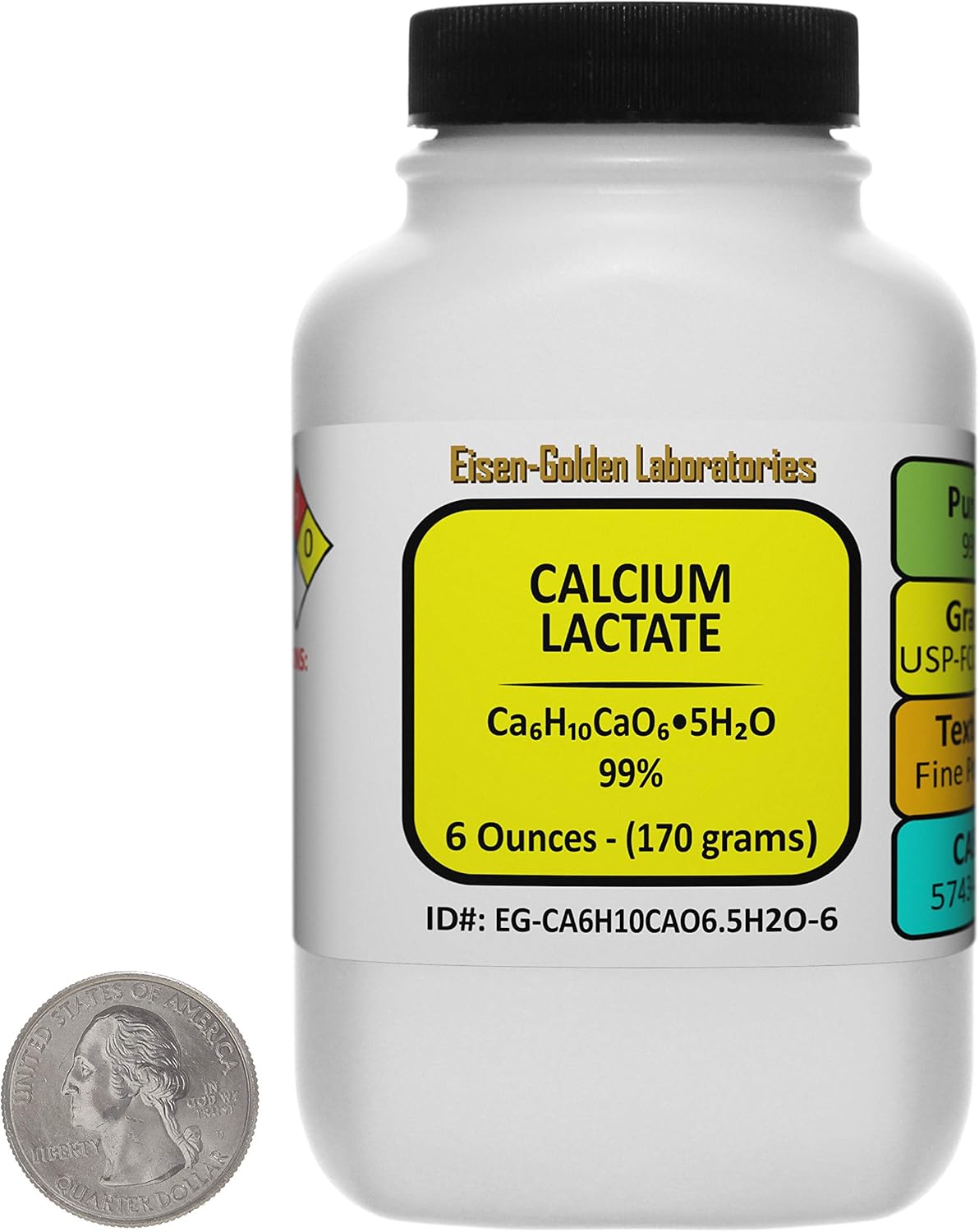 Lactato de calcio C6H10CaO6.5H2O 99% USP-FCC Polvo de grado alimenticio 6 Oz en una botella