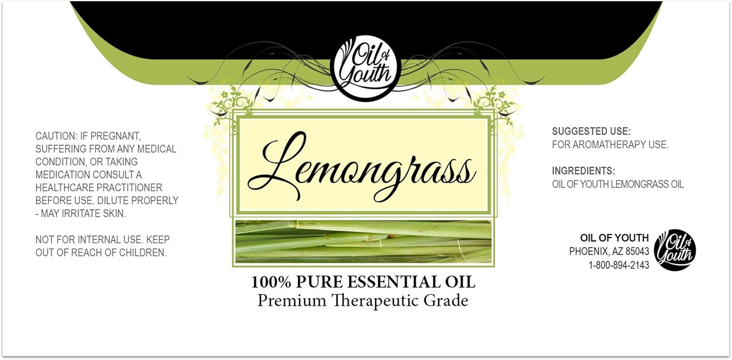 Oil of Youth Aceite esencial de hierba de limón – Grado terapéutico para aromaterapia, difusor, cabello, piel – Gotero – 4 fl oz