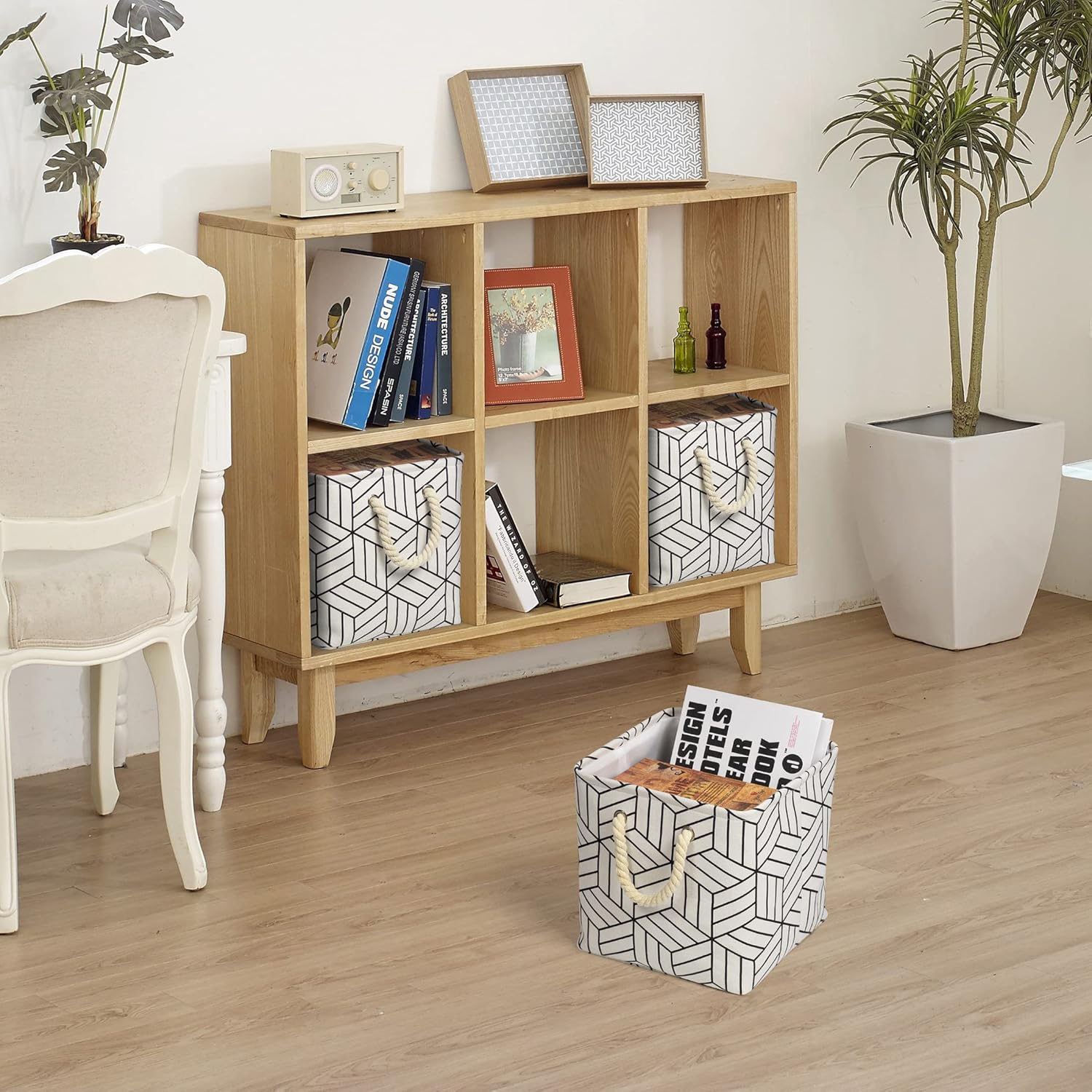 Cesta de almacenamiento de tela 3 unidades Plegable de lona cuadrada plegable de lino organizador con asas para estantes, armario, ropa, guardería,
