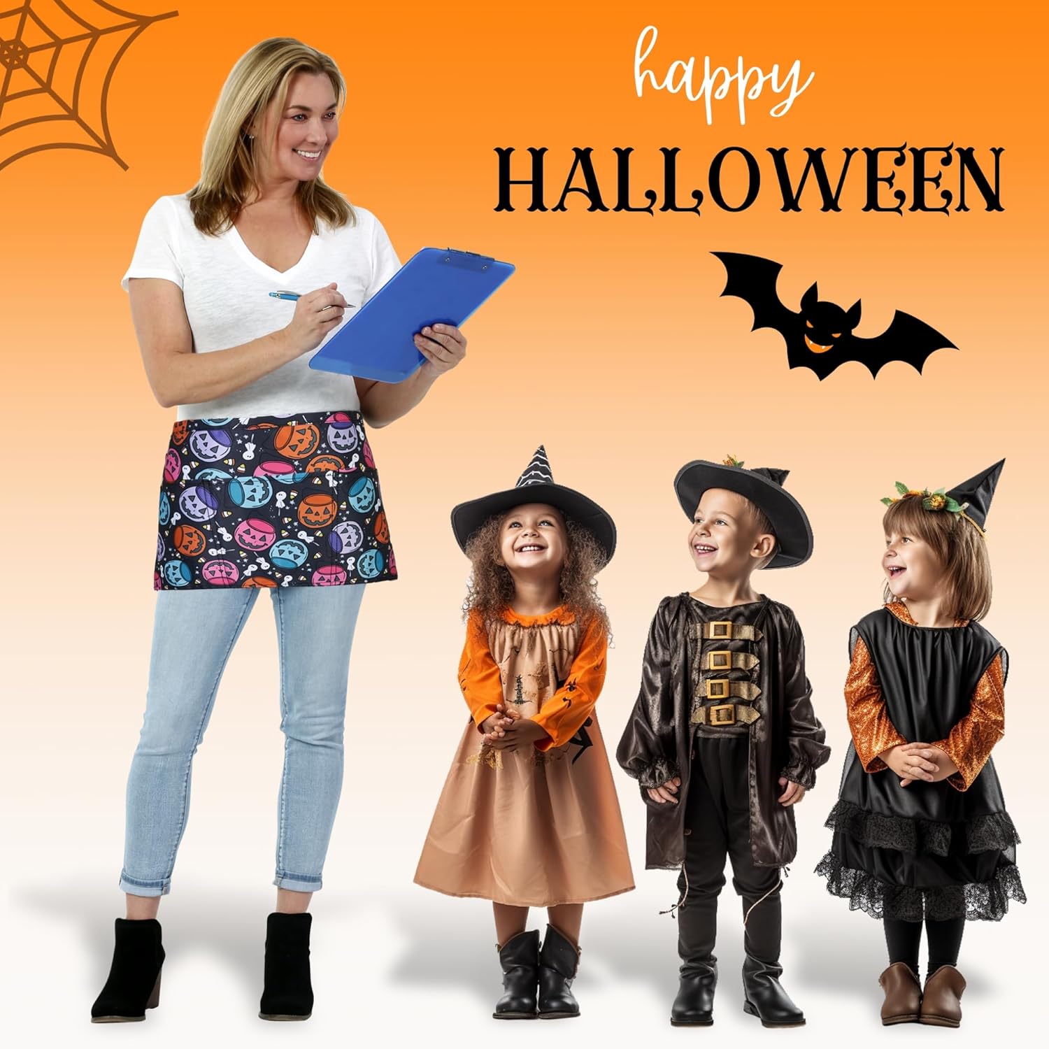 Delantal de cintura de Halloween con bolsillos, medio delantal de calabaza para mujer, camarera, servidor, profesor, cocina, Varios colores