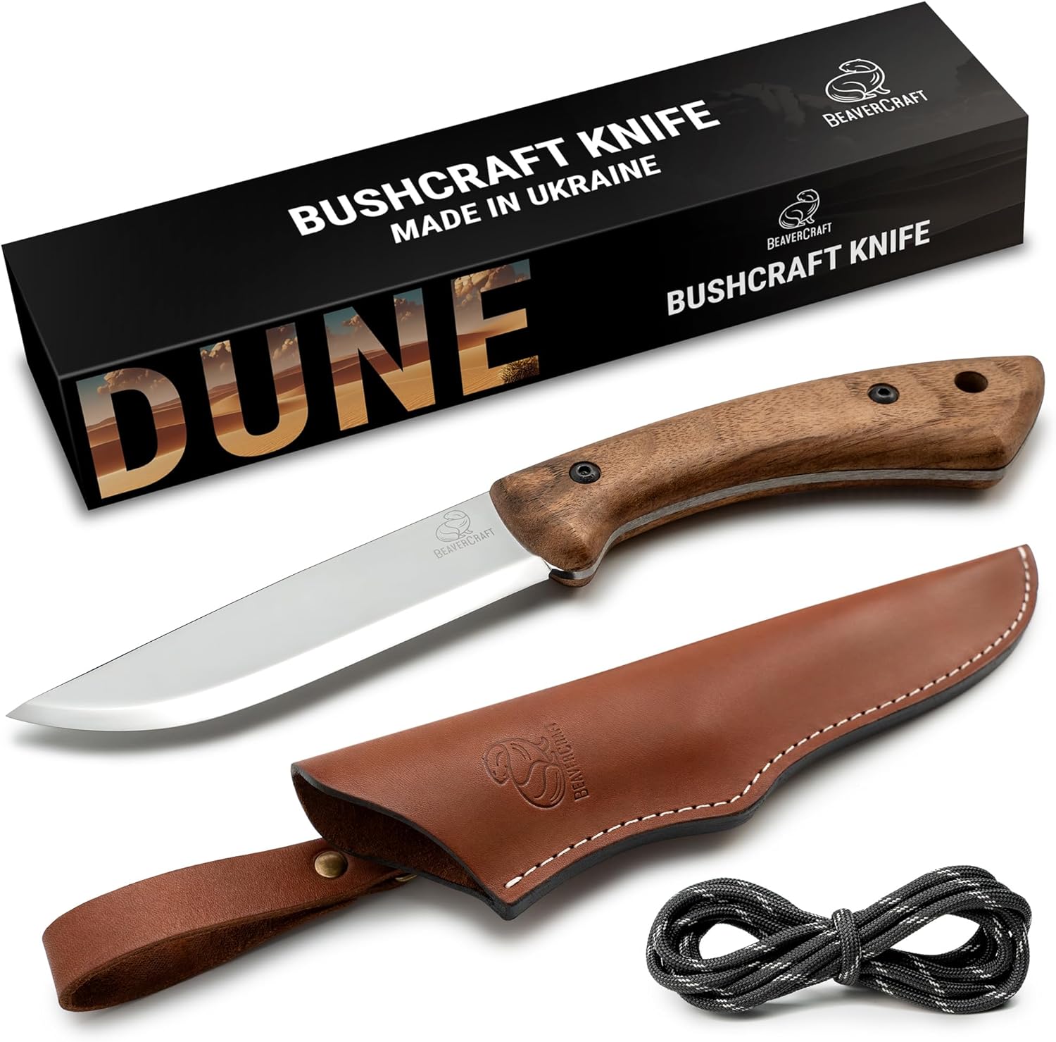 BeaverCraft Bushcraft Cuchillo de hoja fija con funda de cuero, cuchillo de camping, cuchillo de espiga completa, cuchillos de acero al carbono,