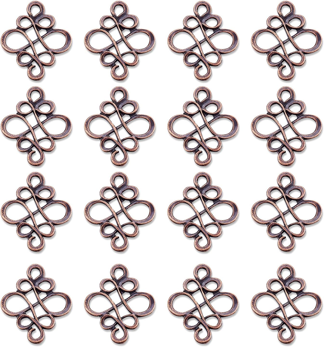 50 piezas de eslabones colgantes de nudo chino tibetano rojo cobre doble bucles vintage filigrana hueco encanto conectores 0.866×0.728 in para