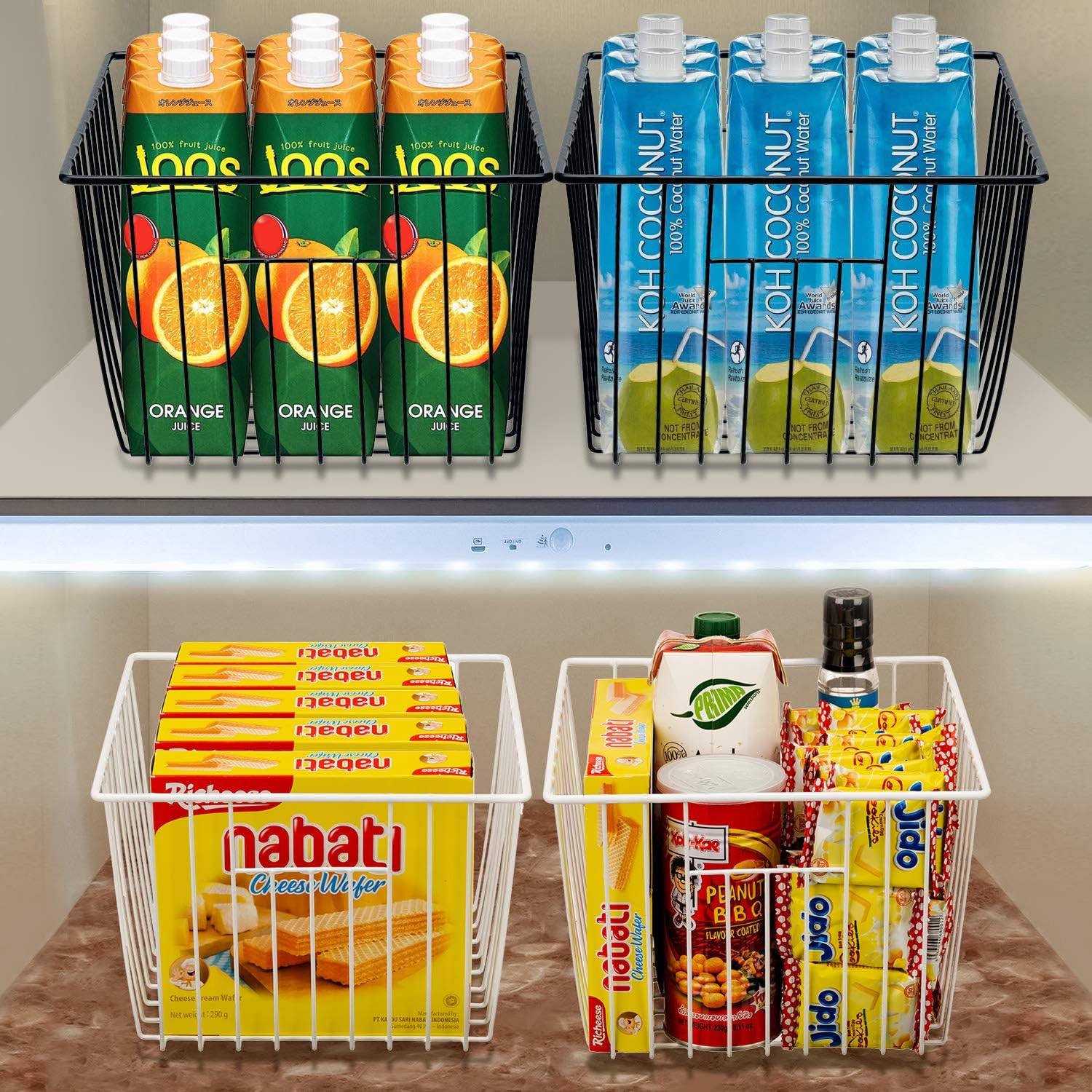 SANNO Cestas de almacenamiento para congelador, cesta de alambre para almacenamiento de despensa, contenedores organizadores para refrigerador con